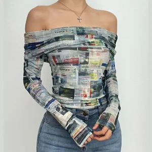 Abstract mesh off shoulder ruched long sleeve contrast top