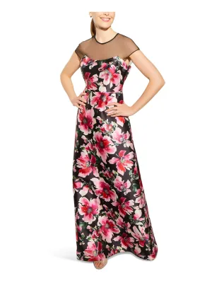ADRIANNA PAPELL Womens Sheer Floral Cap Sleeve Illusion Neckline Full-Length Evening Sheath Dress