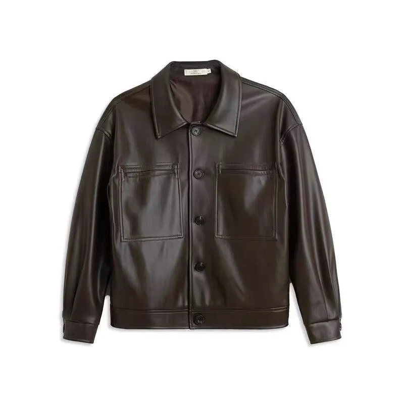 Autumn Retro Lapels Short Pu Leather Casual Jacket Men's Korean-style Niche Net Red Loose Leather Coat Ruffle Handsome Stylish