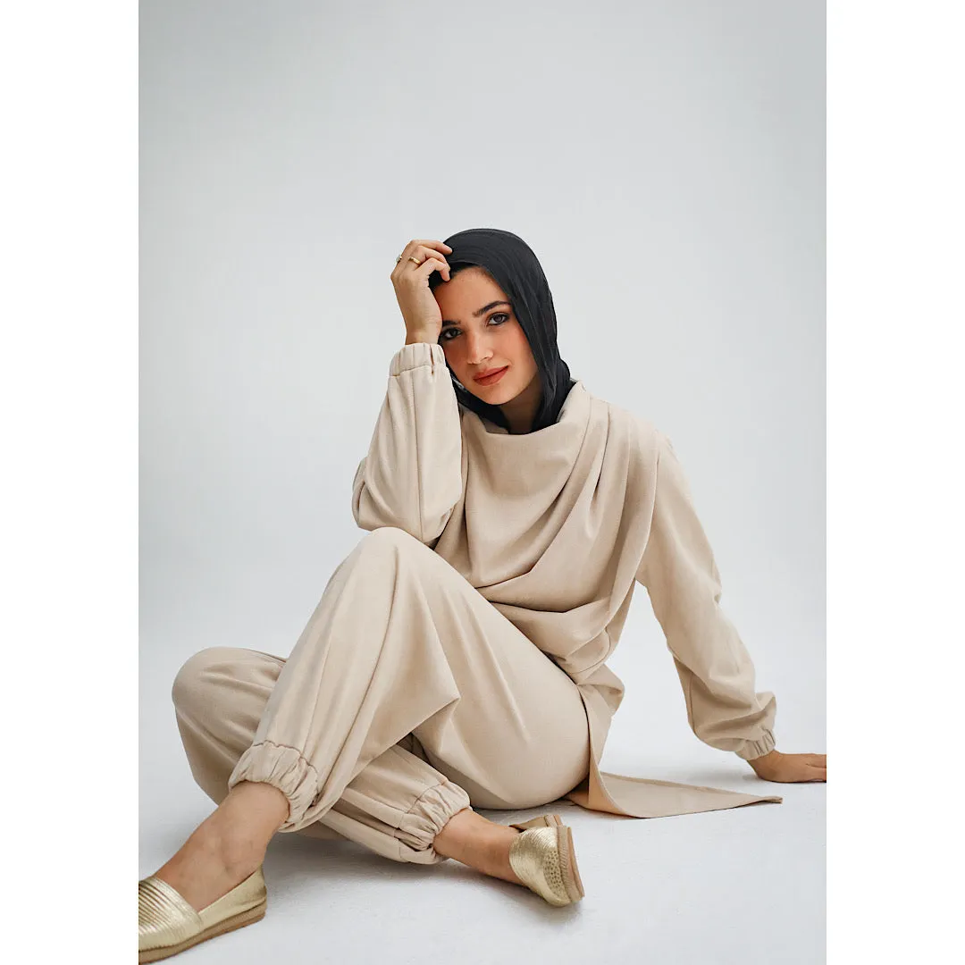 Beige suede draped co-ord set