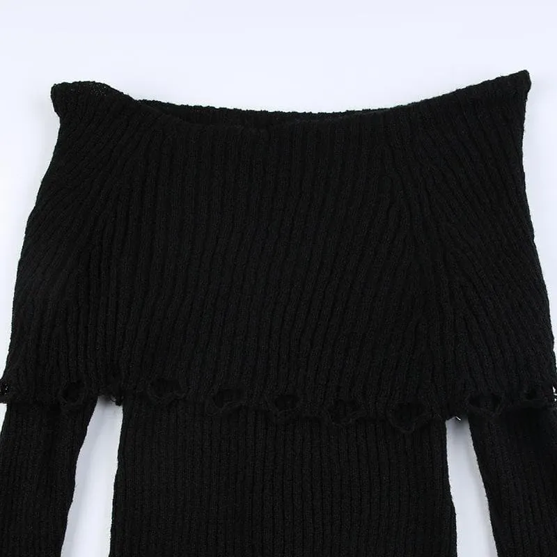 BerriesJam - Crochet Sleeve Hollow Out Off Shoulder Solid Cut Out Top