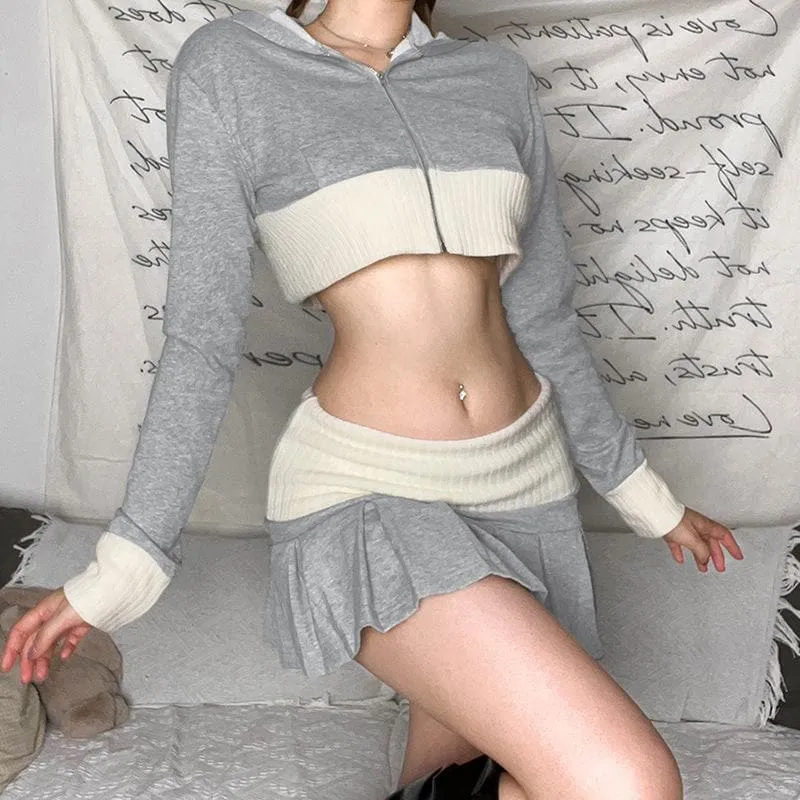 BerriesJam - Hoodie Sleeve Contrast Patchwork Zip-Up Crop Top