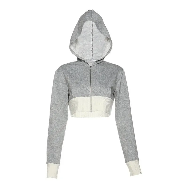 BerriesJam - Hoodie Sleeve Contrast Patchwork Zip-Up Crop Top