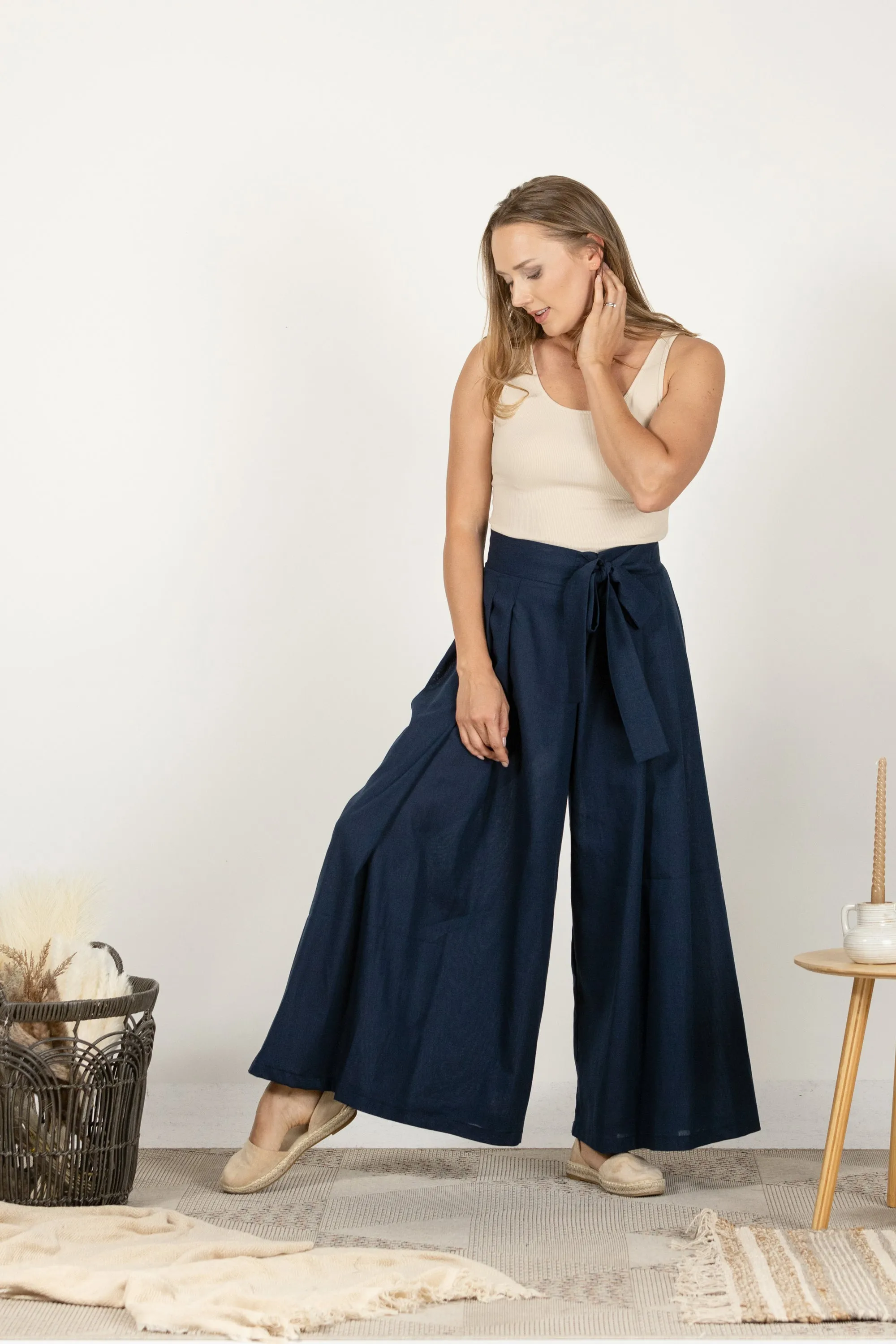 Blue Melange Wide Leg Linen Pants