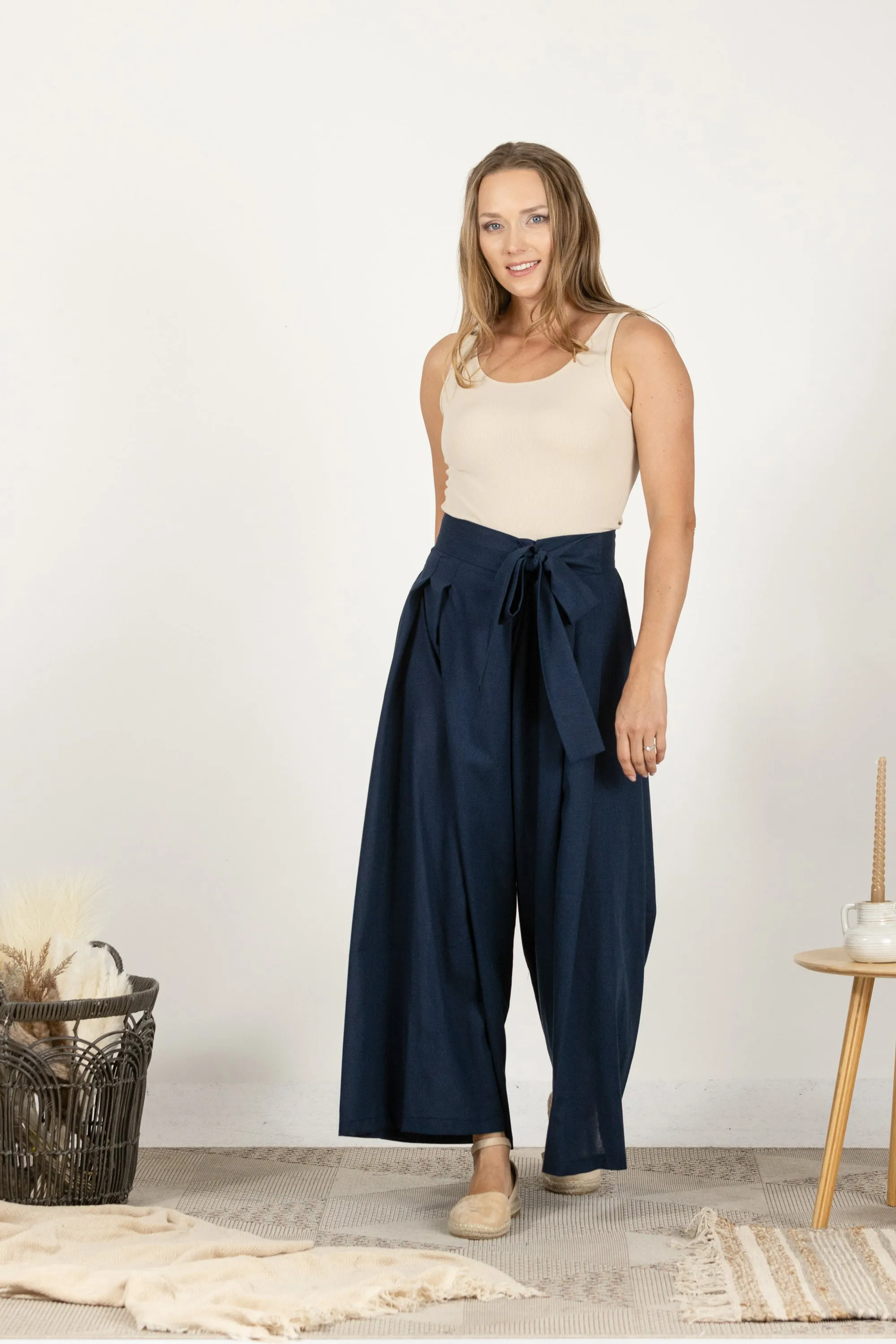 Blue Melange Wide Leg Linen Pants