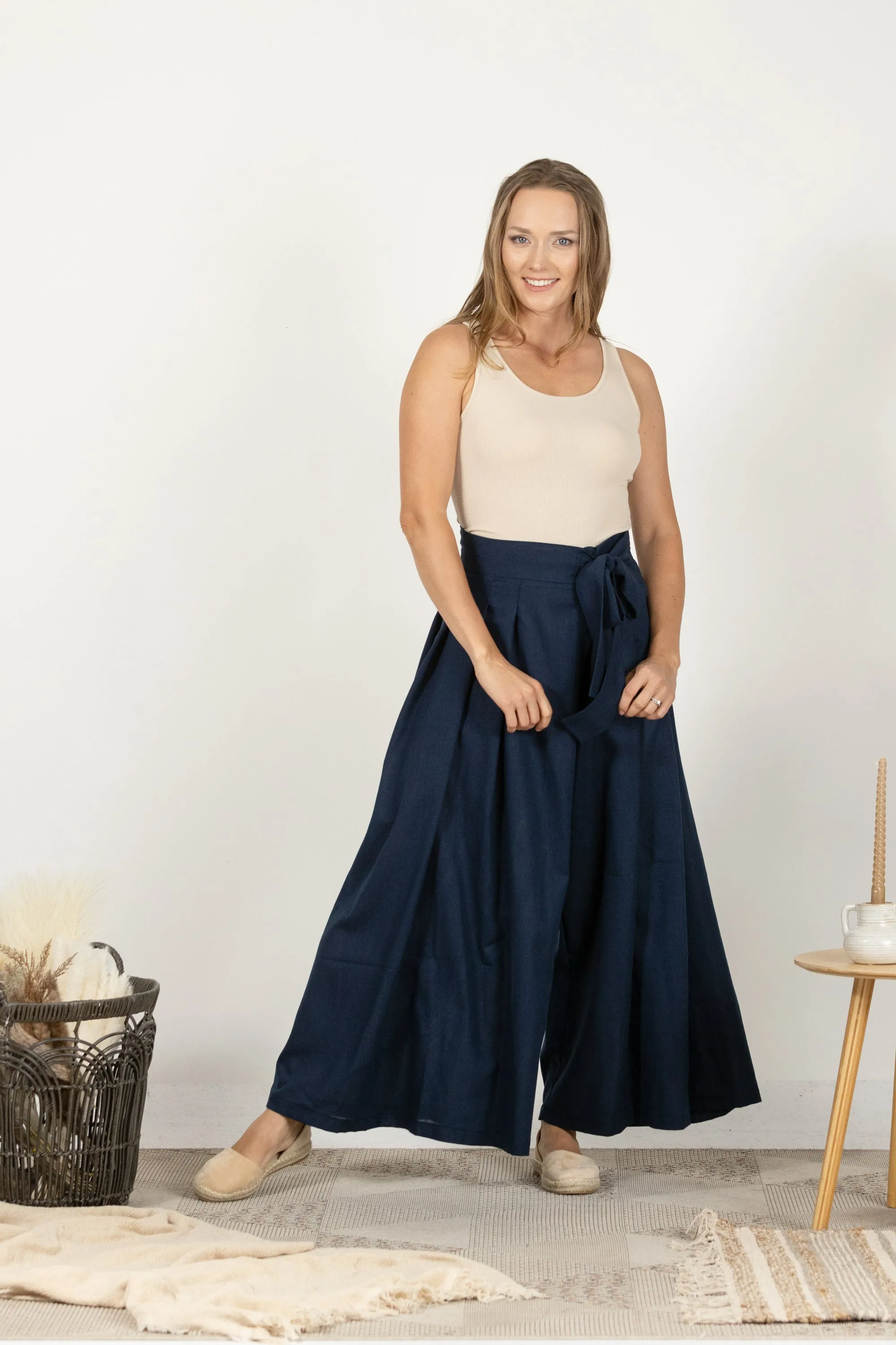 Blue Melange Wide Leg Linen Pants