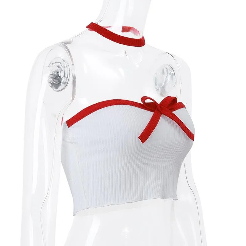 Bowknot backless contrast ribbed ruffle tube top