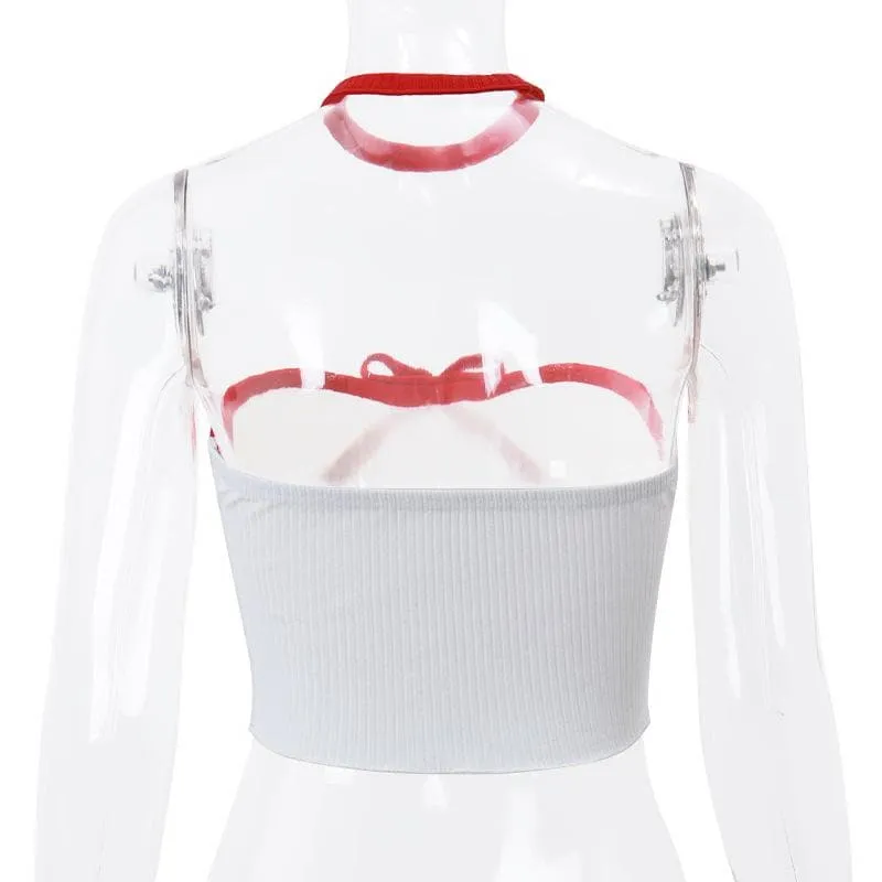 Bowknot backless contrast ribbed ruffle tube top