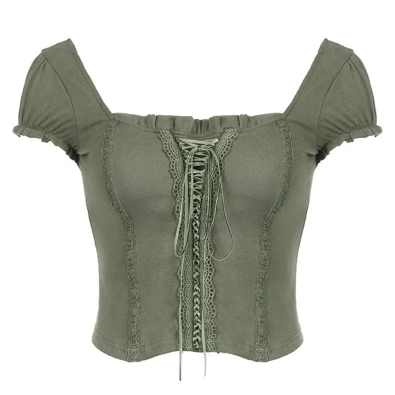 Cap sleeve lace up ruffle square neck backless top