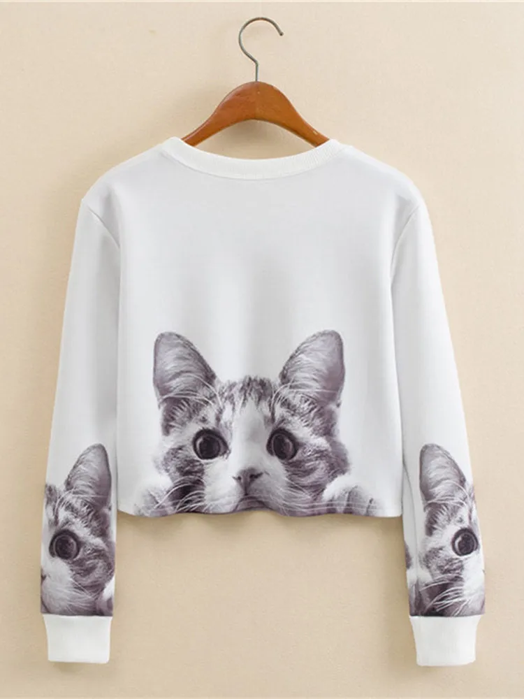 Casual Cats Printed Women Crop Sweatshirts