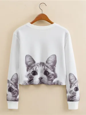 Casual Cats Printed Women Crop Sweatshirts