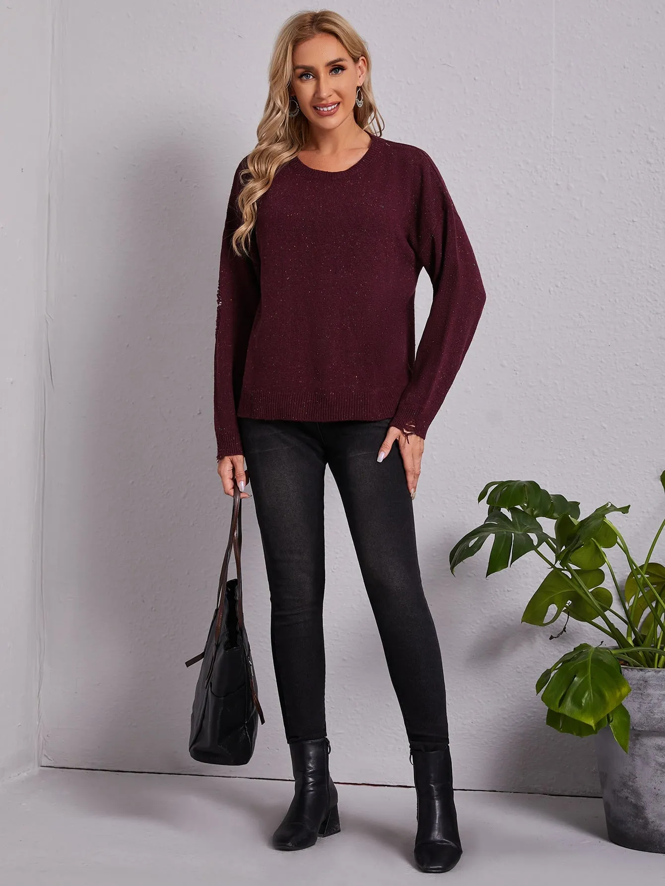 Casual Plain Ripped Long Sleeve Round Neck Regular Women Sweater