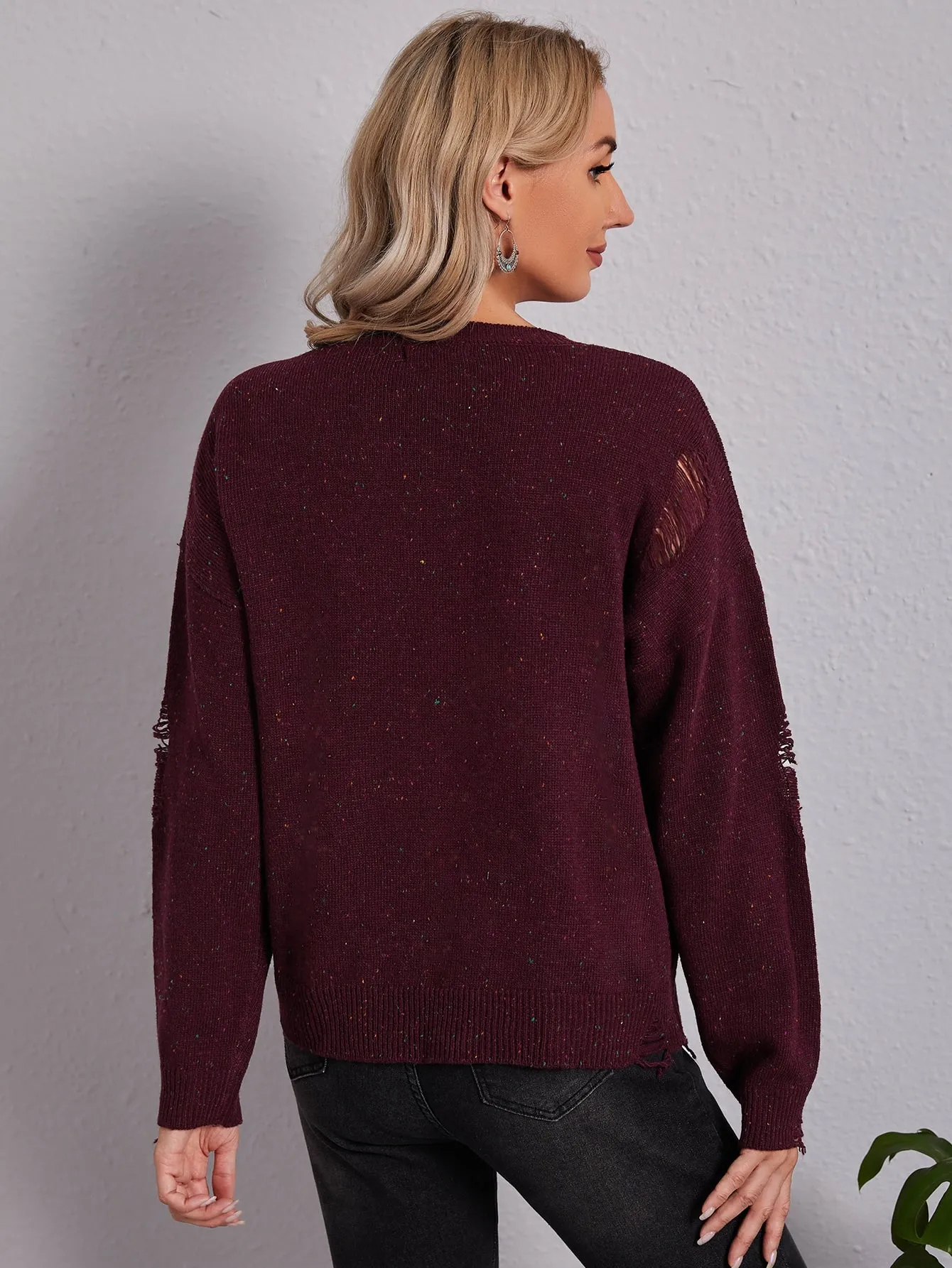 Casual Plain Ripped Long Sleeve Round Neck Regular Women Sweater