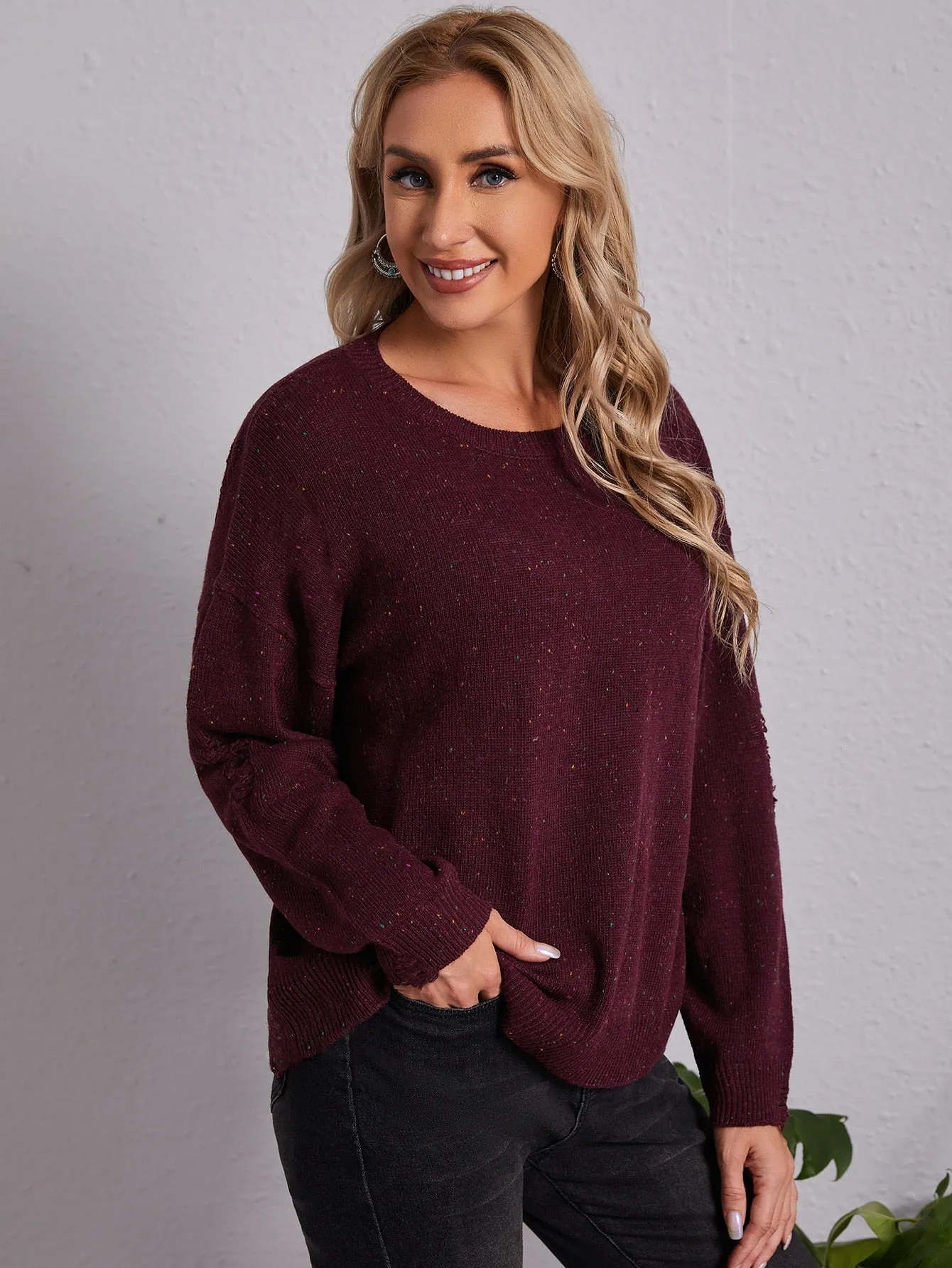 Casual Plain Ripped Long Sleeve Round Neck Regular Women Sweater