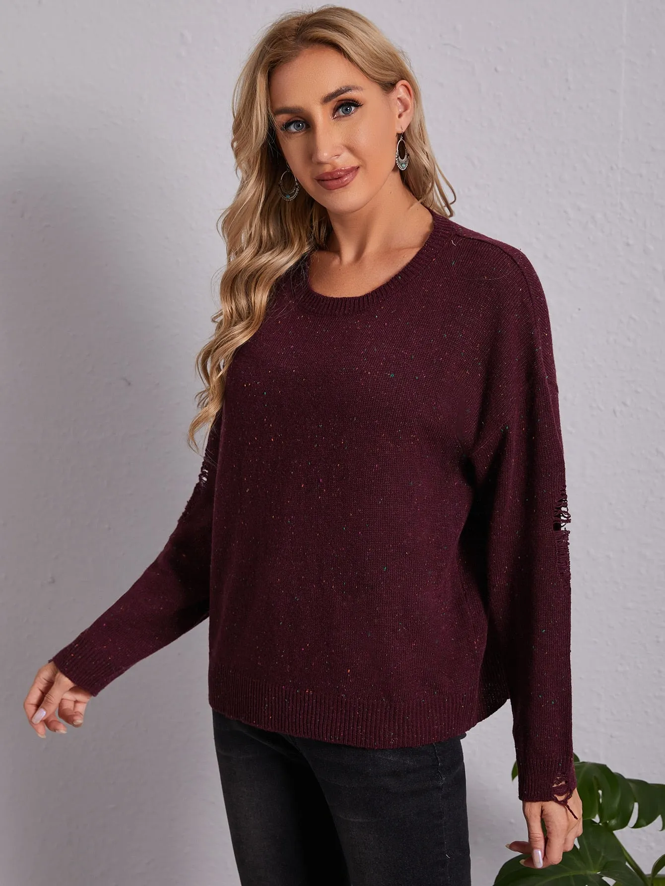 Casual Plain Ripped Long Sleeve Round Neck Regular Women Sweater