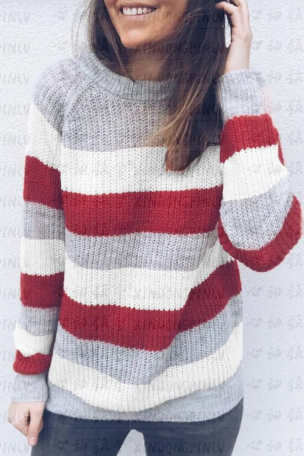 Crew  Neck  Striped  Casual Sweaters