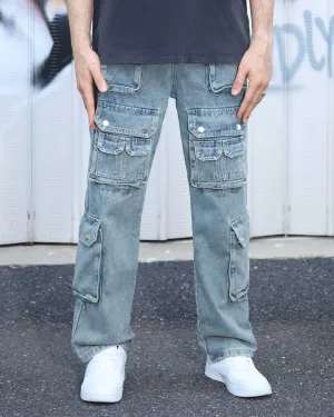 Distressed Craftsmanship in Blue Baggy Jeans with Multiple Pockets-Mexico Local Delivery