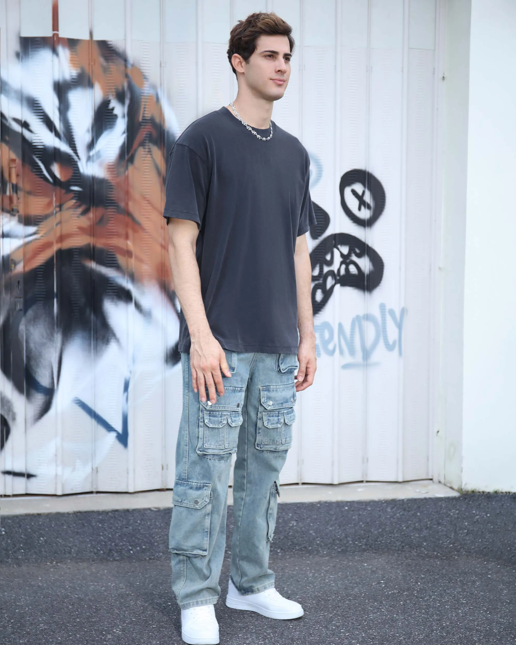 Distressed Craftsmanship in Blue Baggy Jeans with Multiple Pockets-Mexico Local Delivery