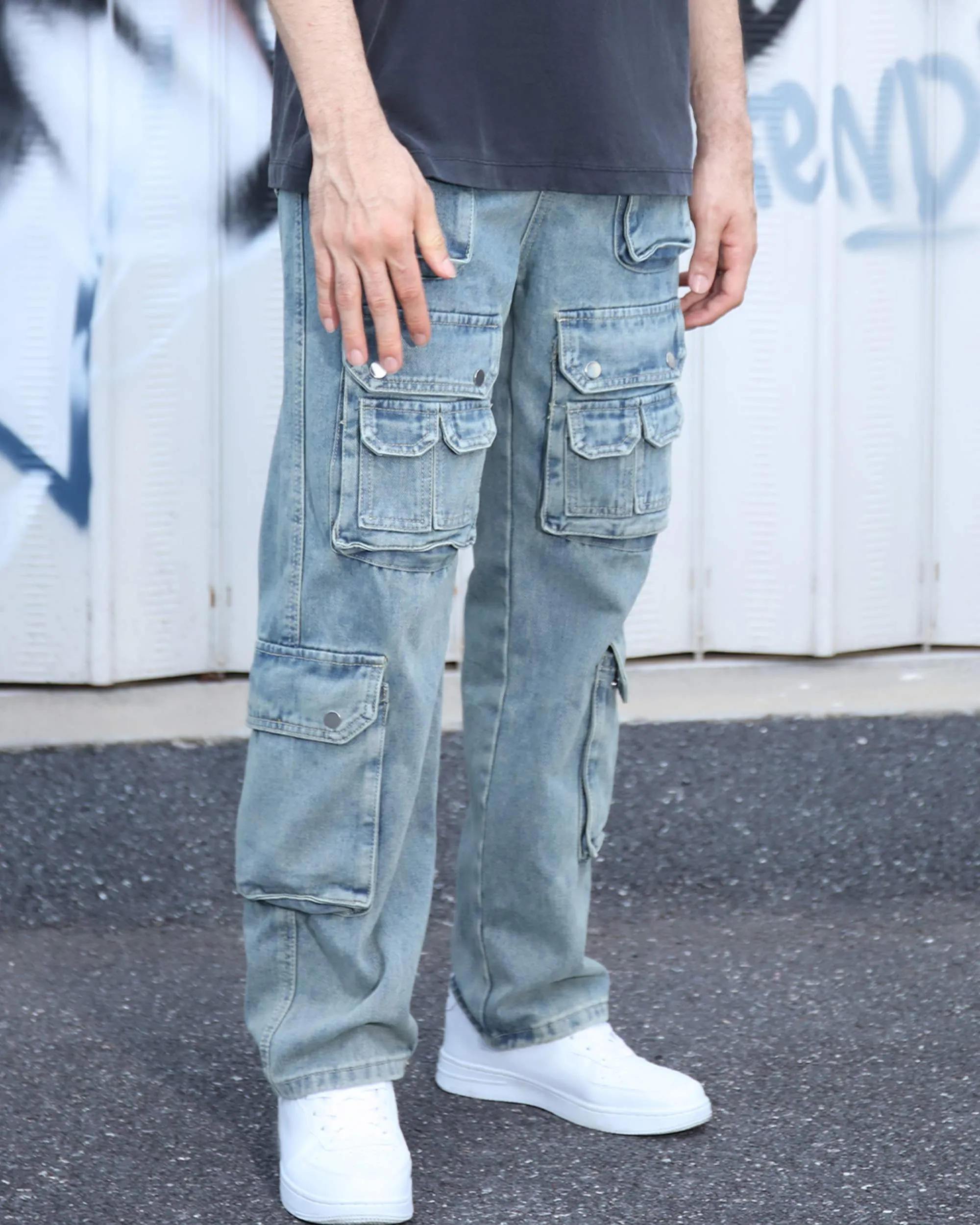 Distressed Craftsmanship in Blue Baggy Jeans with Multiple Pockets-Mexico Local Delivery