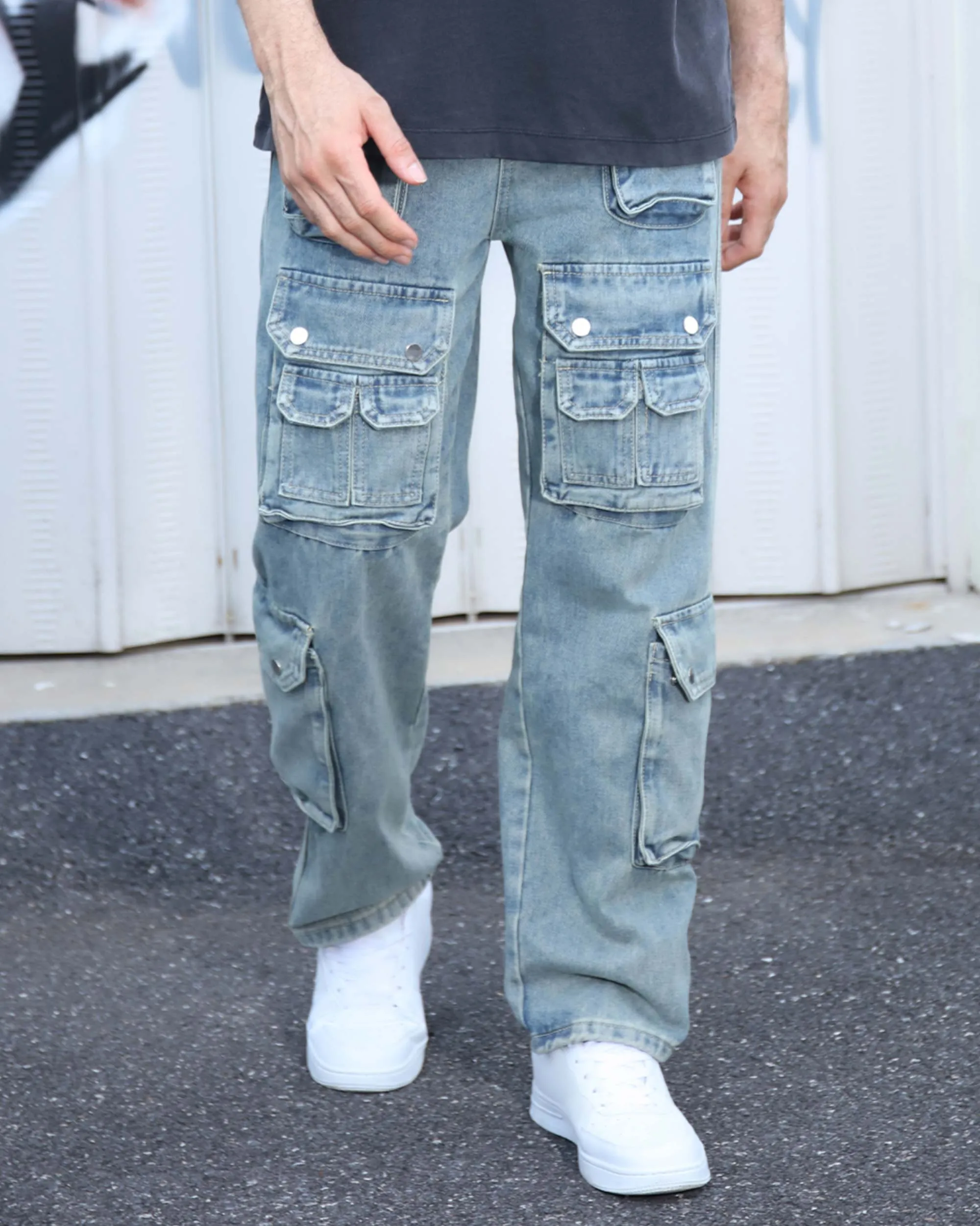 Distressed Craftsmanship in Blue Baggy Jeans with Multiple Pockets-Mexico Local Delivery