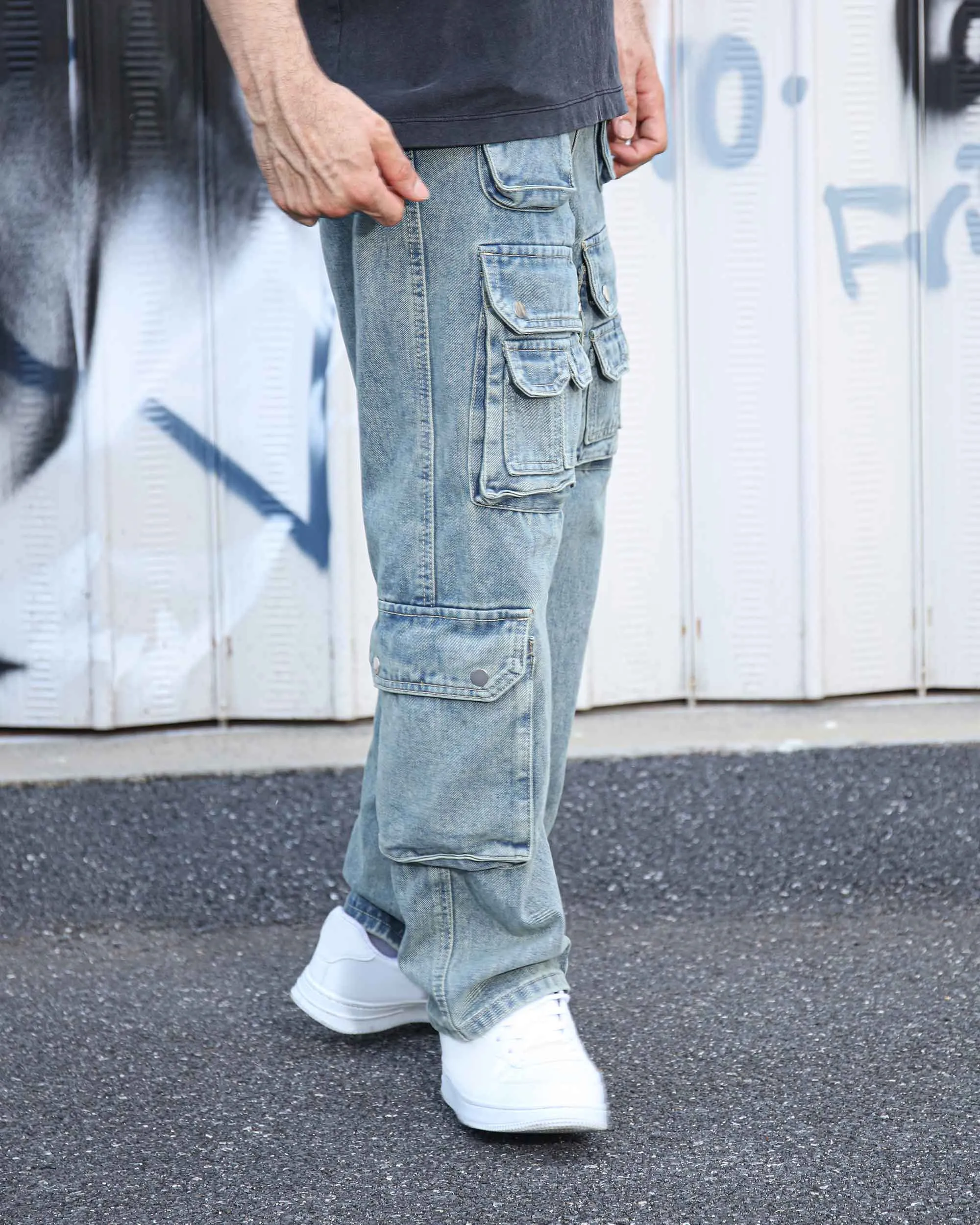 Distressed Craftsmanship in Blue Baggy Jeans with Multiple Pockets-Mexico Local Delivery