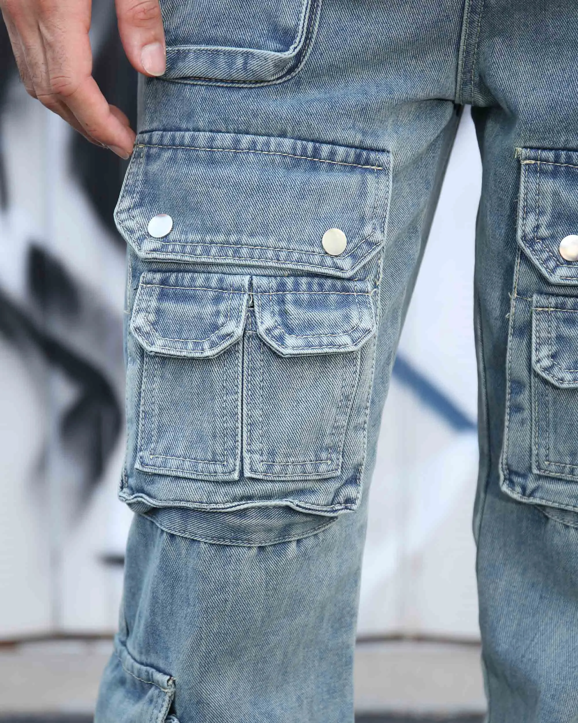 Distressed Craftsmanship in Blue Baggy Jeans with Multiple Pockets-Mexico Local Delivery