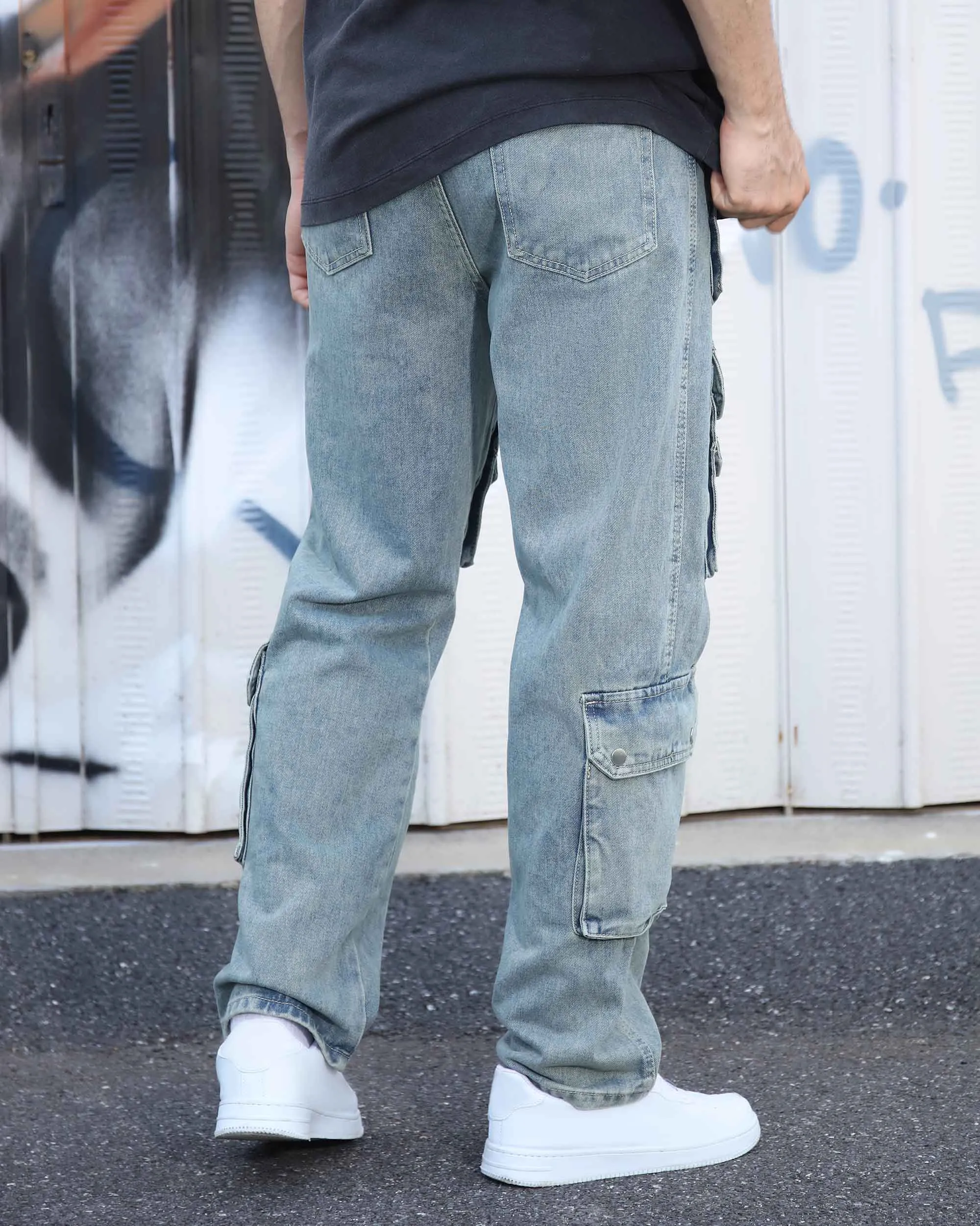 Distressed Craftsmanship in Blue Baggy Jeans with Multiple Pockets-Mexico Local Delivery