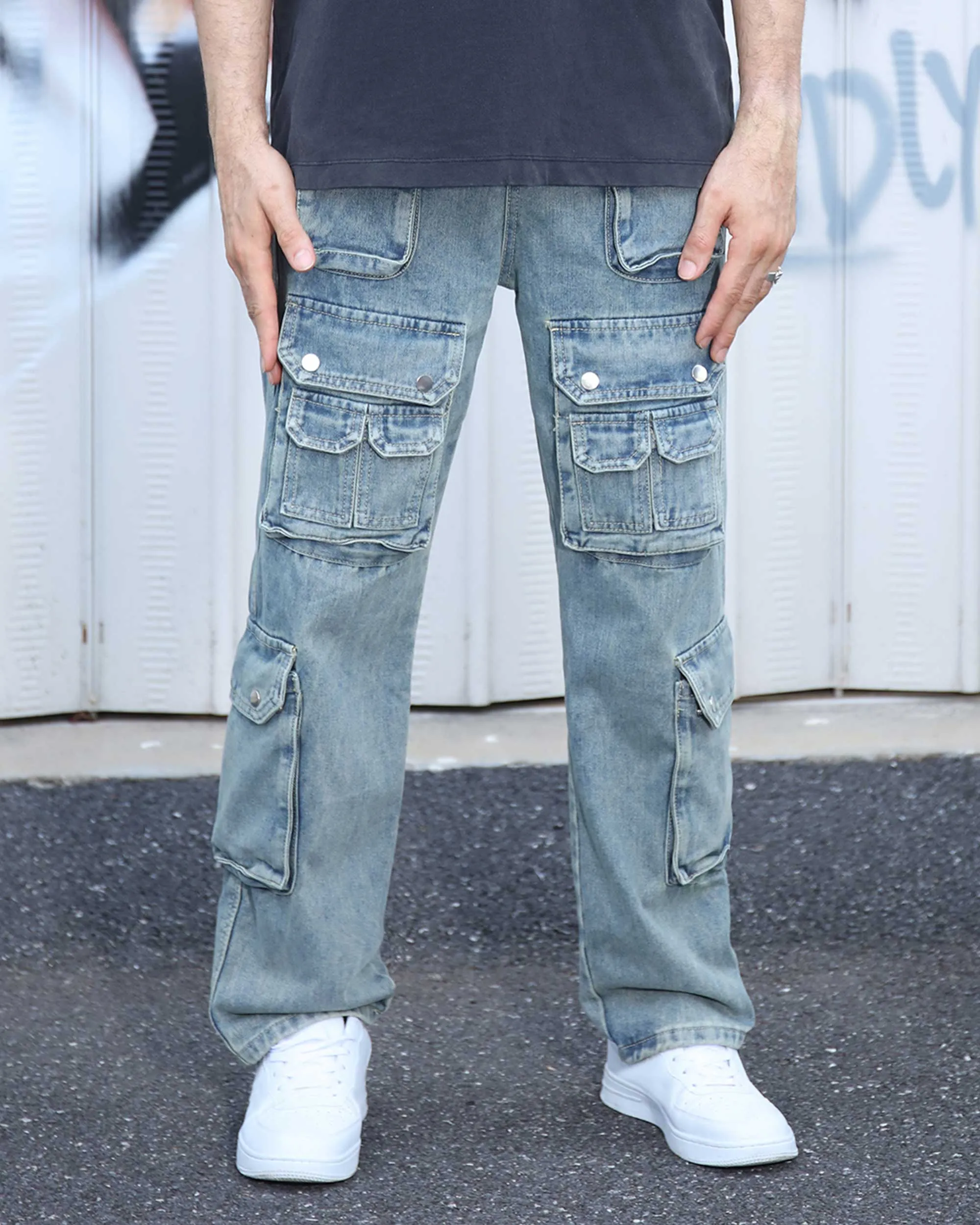Distressed Craftsmanship in Blue Baggy Jeans with Multiple Pockets-Mexico Local Delivery