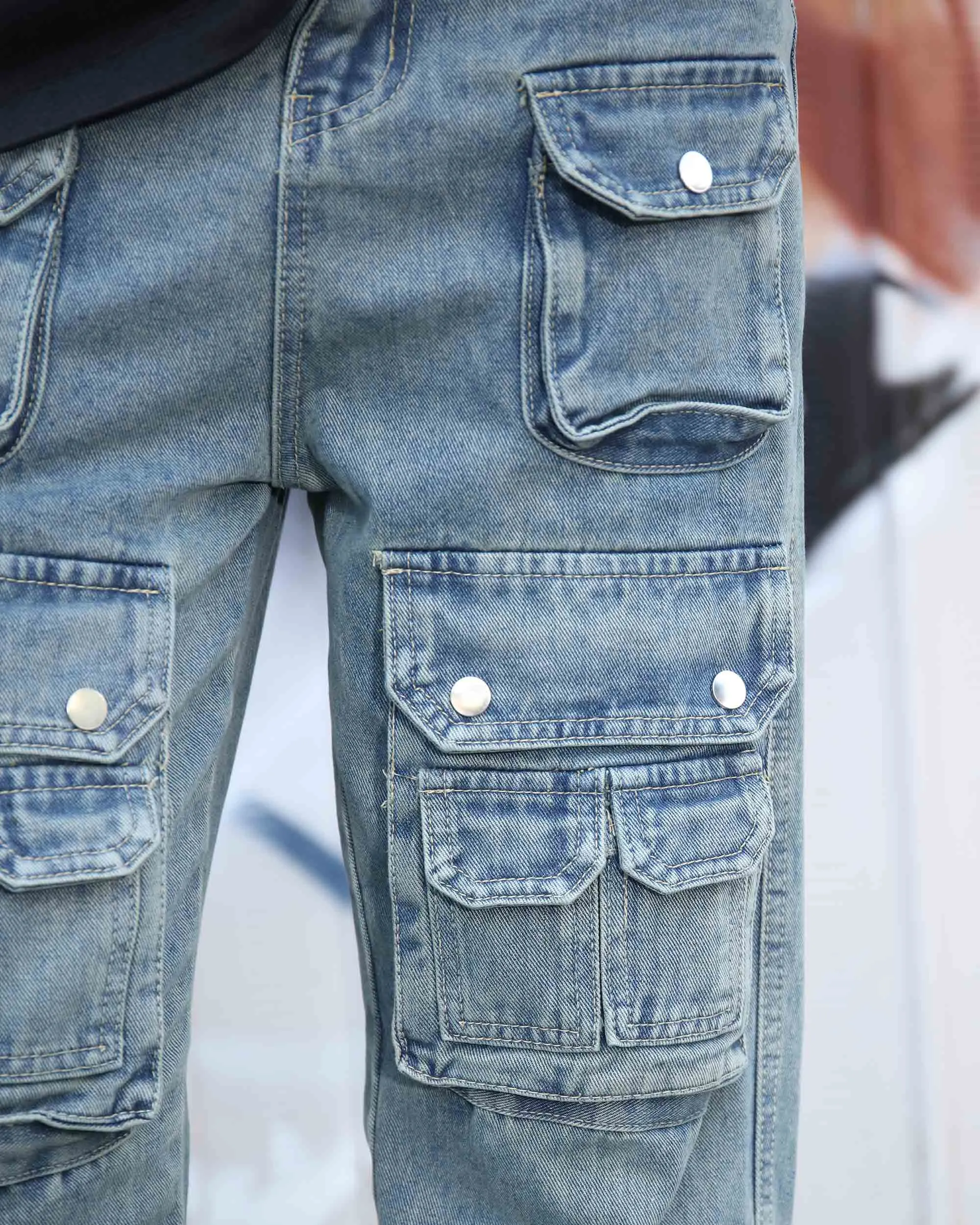 Distressed Craftsmanship in Blue Baggy Jeans with Multiple Pockets-Mexico Local Delivery