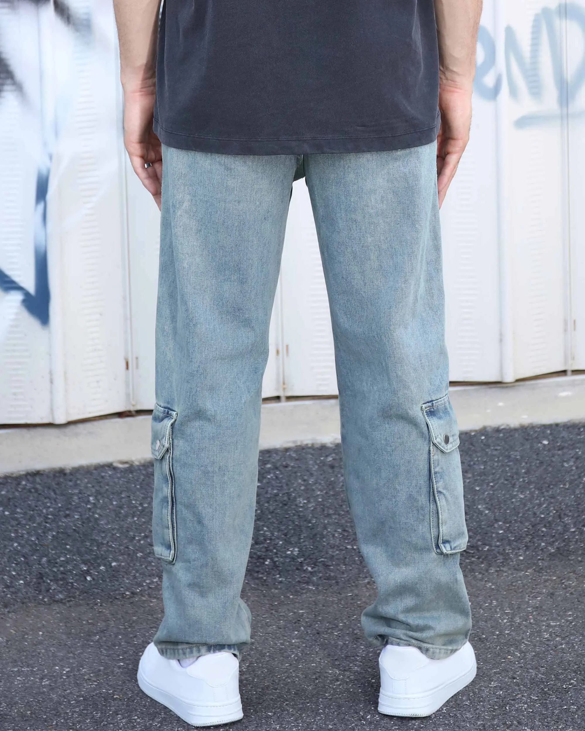 Distressed Craftsmanship in Blue Baggy Jeans with Multiple Pockets-Mexico Local Delivery