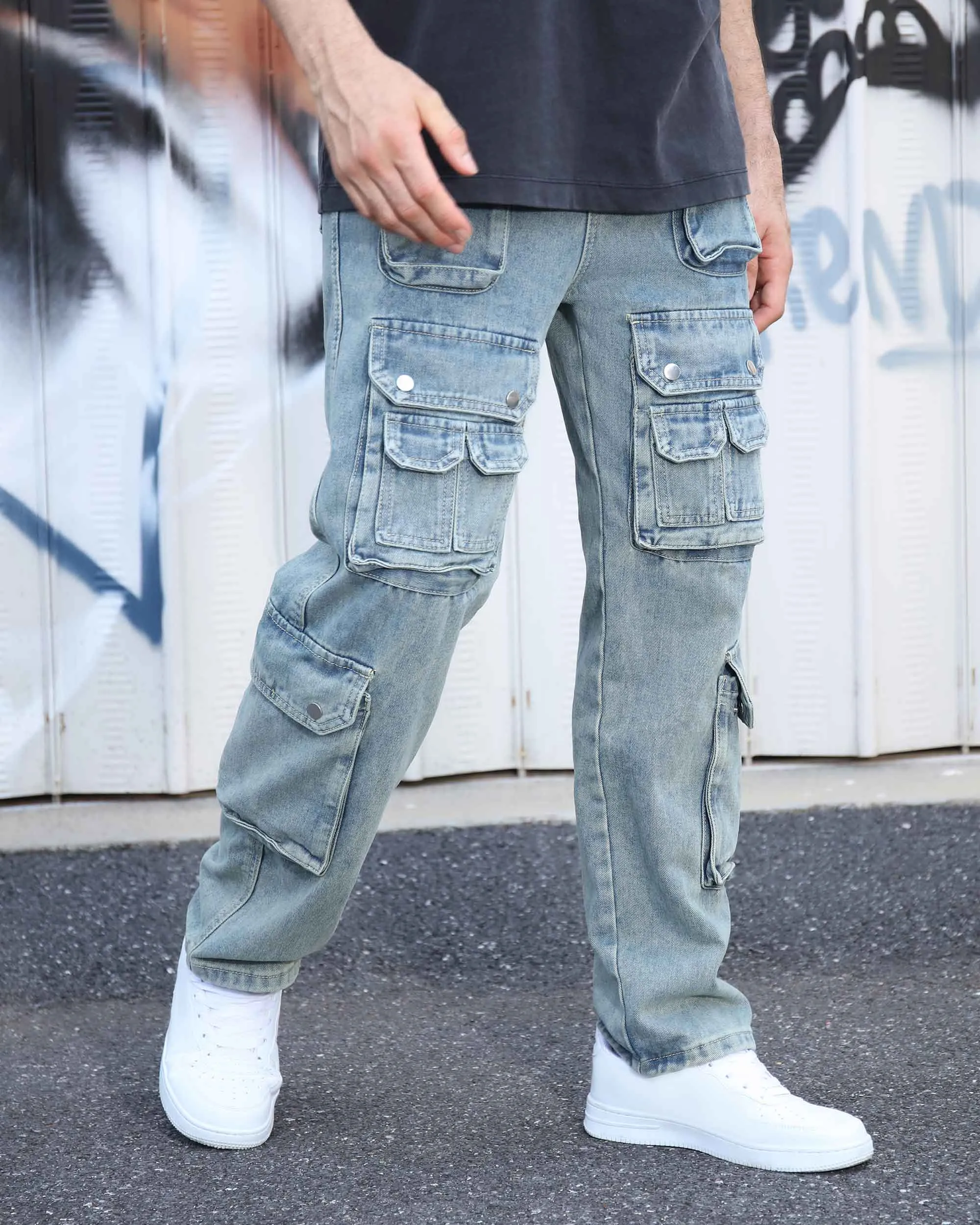 Distressed Craftsmanship in Blue Baggy Jeans with Multiple Pockets-Mexico Local Delivery