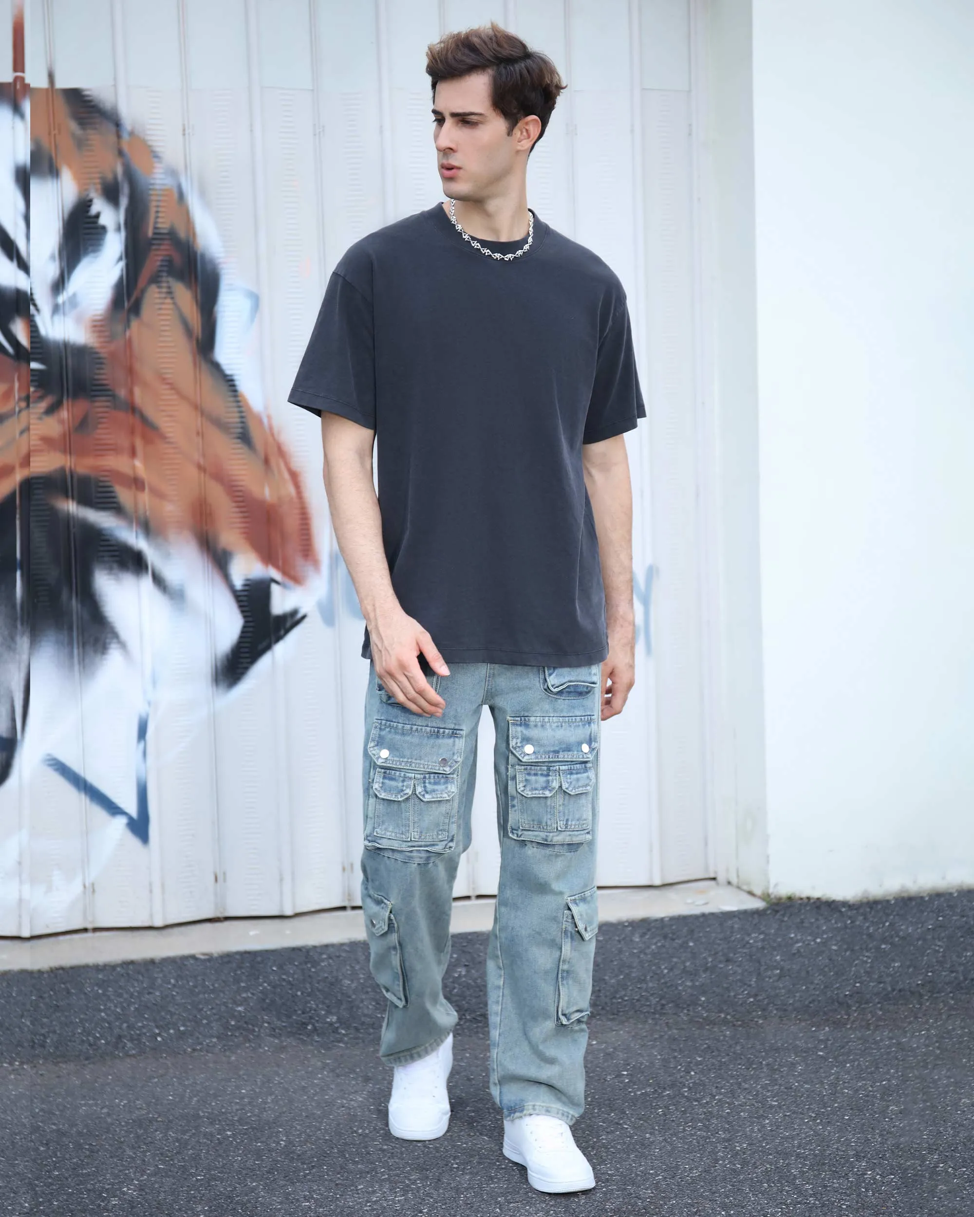 Distressed Craftsmanship in Blue Baggy Jeans with Multiple Pockets-Mexico Local Delivery