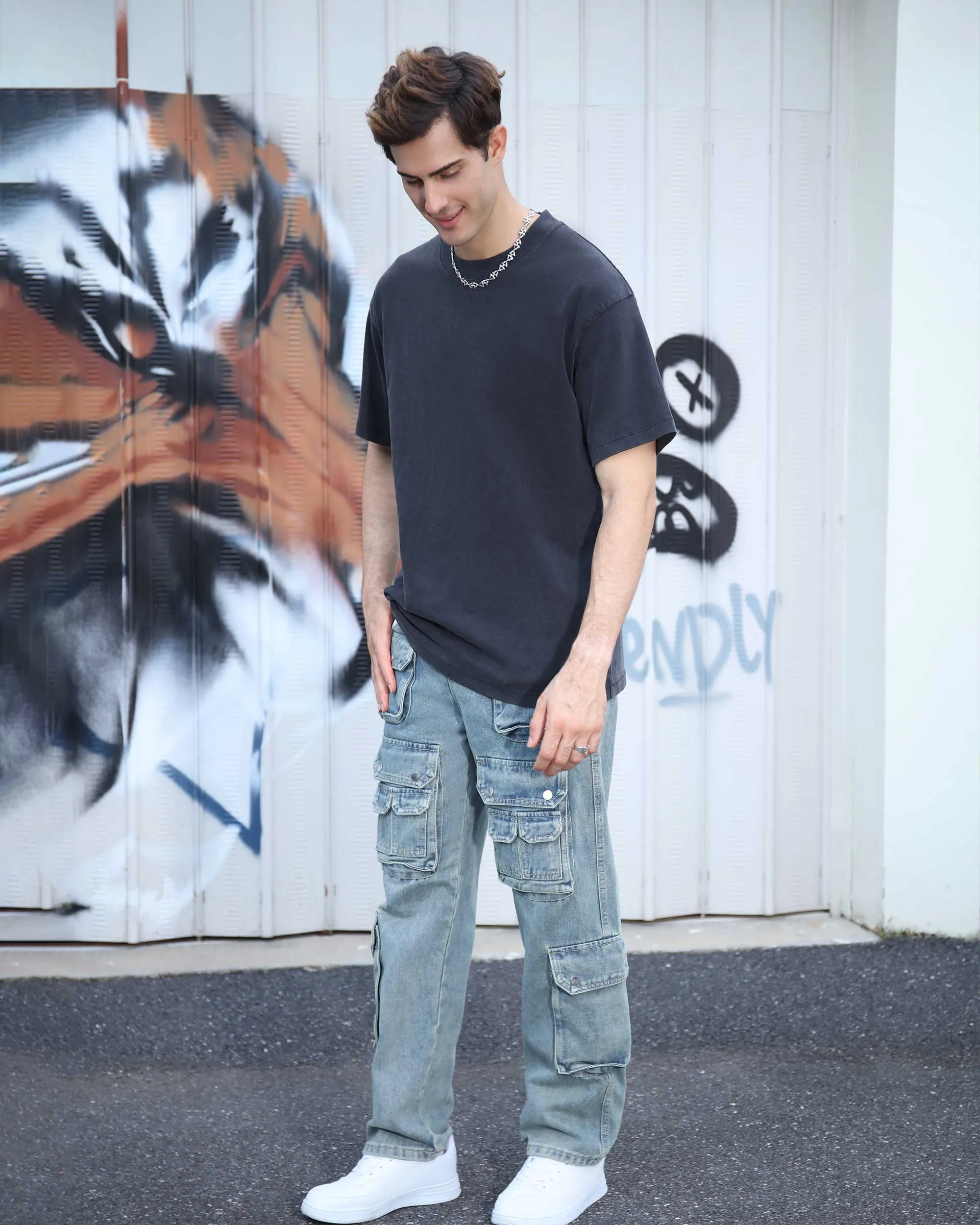 Distressed Craftsmanship in Blue Baggy Jeans with Multiple Pockets-Mexico Local Delivery