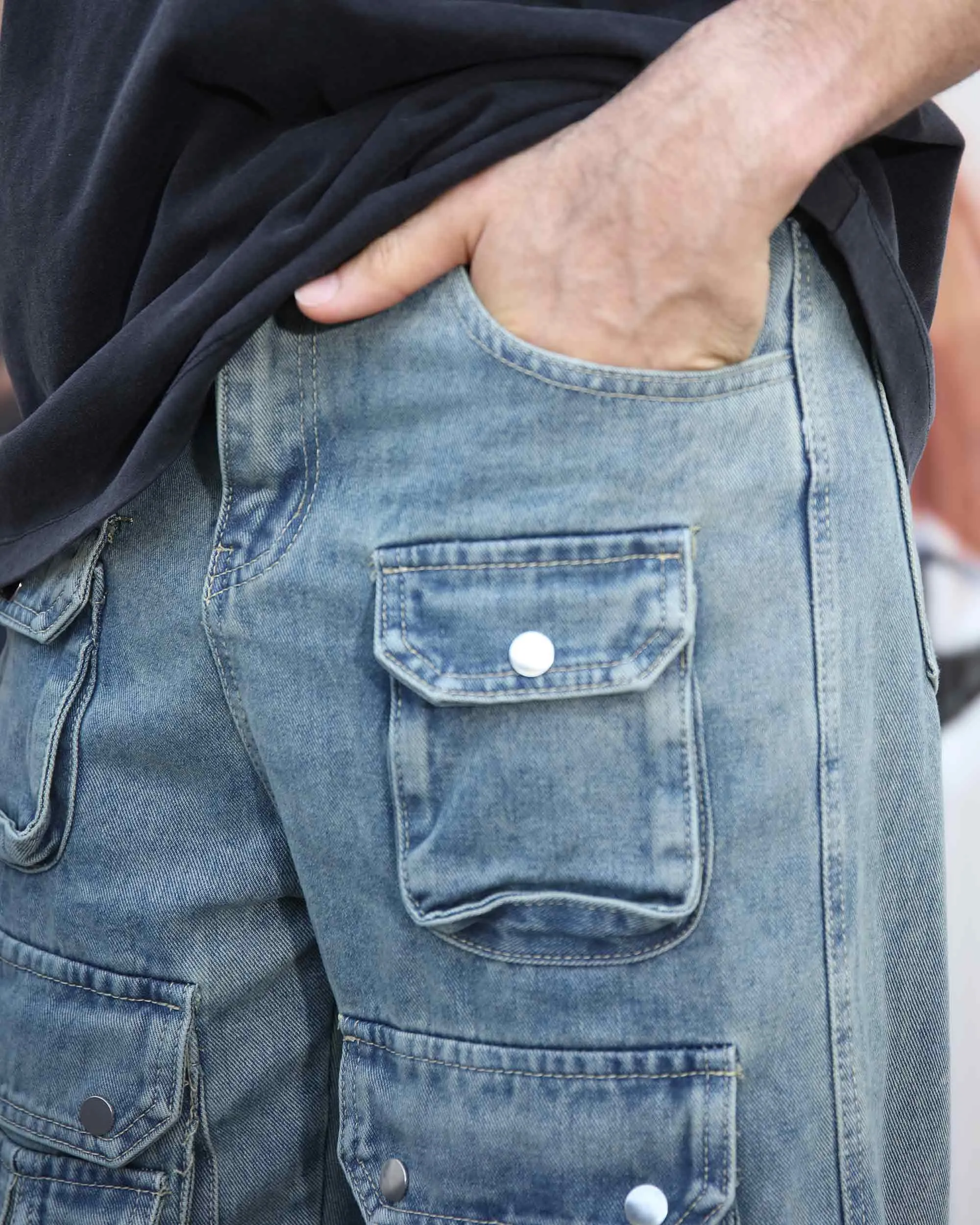 Distressed Craftsmanship in Blue Baggy Jeans with Multiple Pockets-Mexico Local Delivery
