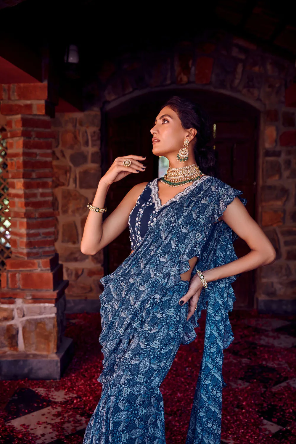 Draped Sharara Pants with V-Neck Blouse
