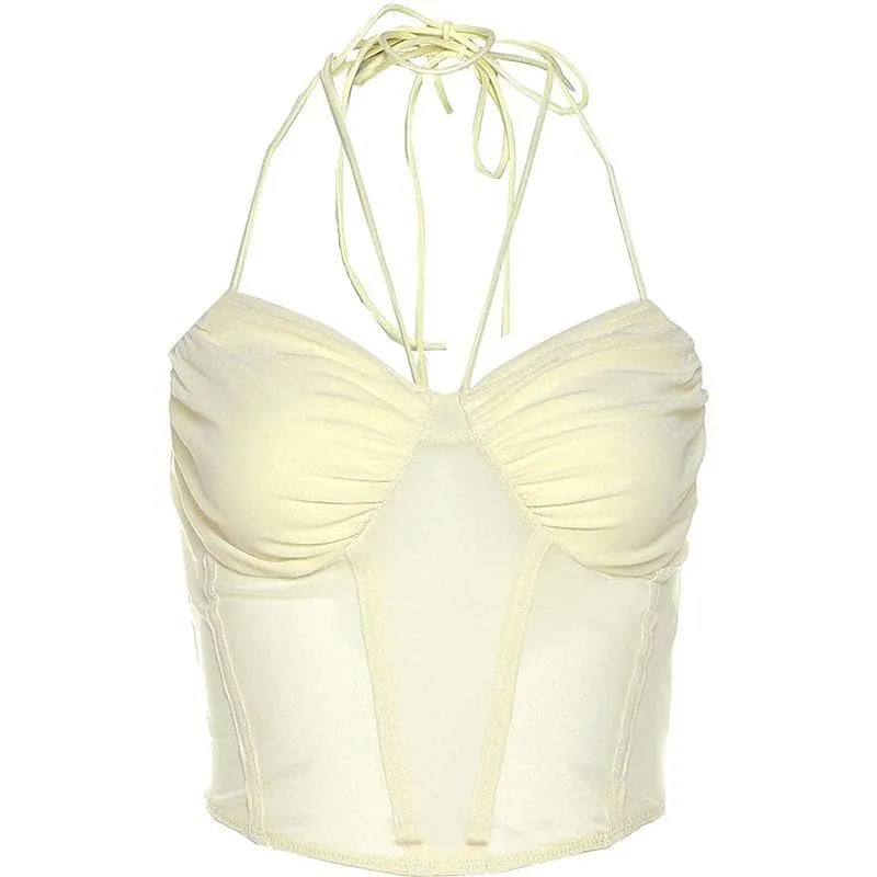 Halter self tie mesh backless ruched corset solid crop top