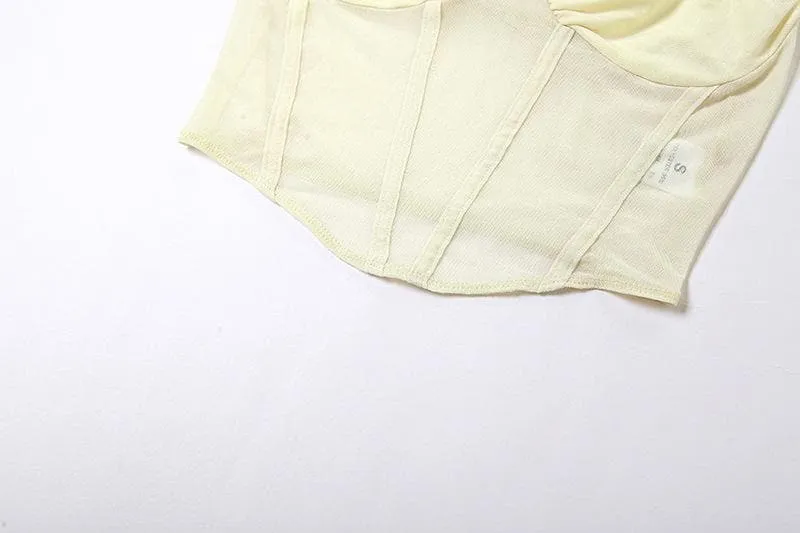 Halter self tie mesh backless ruched corset solid crop top