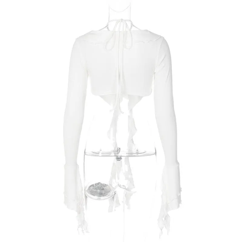 Halter self tie v neck flared sleeve button ruffle crop top