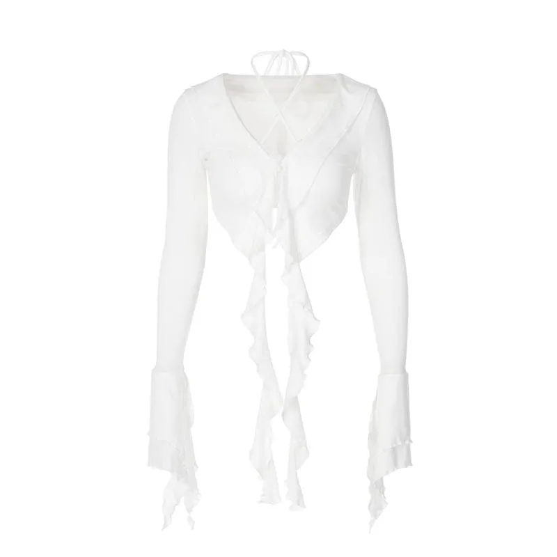Halter self tie v neck flared sleeve button ruffle crop top