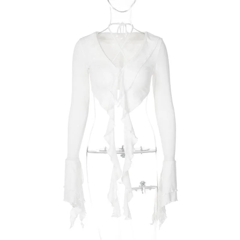 Halter self tie v neck flared sleeve button ruffle crop top