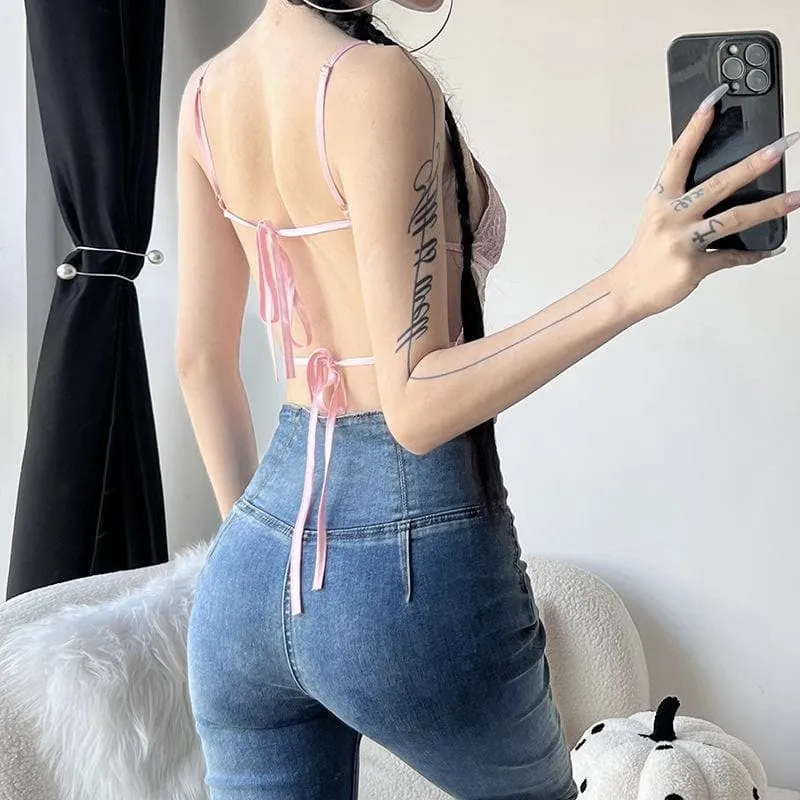 Lace bowknot contrast v neck backless self tie cami crop top