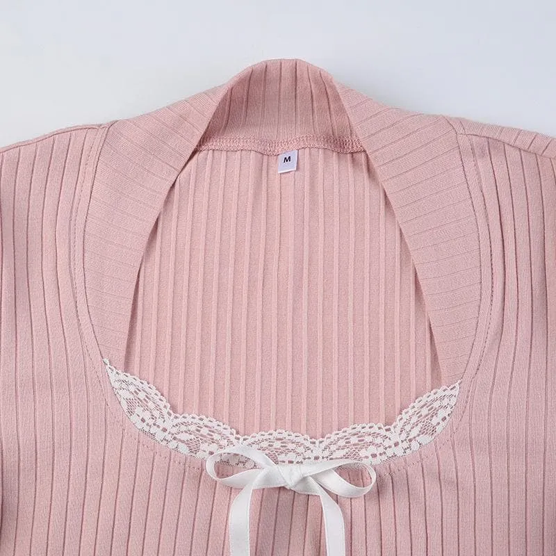Lace hem contrast long sleeve bowknot ruffle top