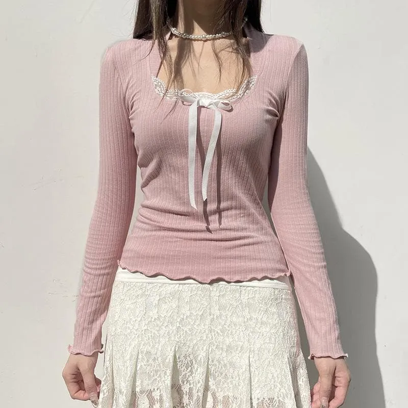 Lace hem contrast long sleeve bowknot ruffle top