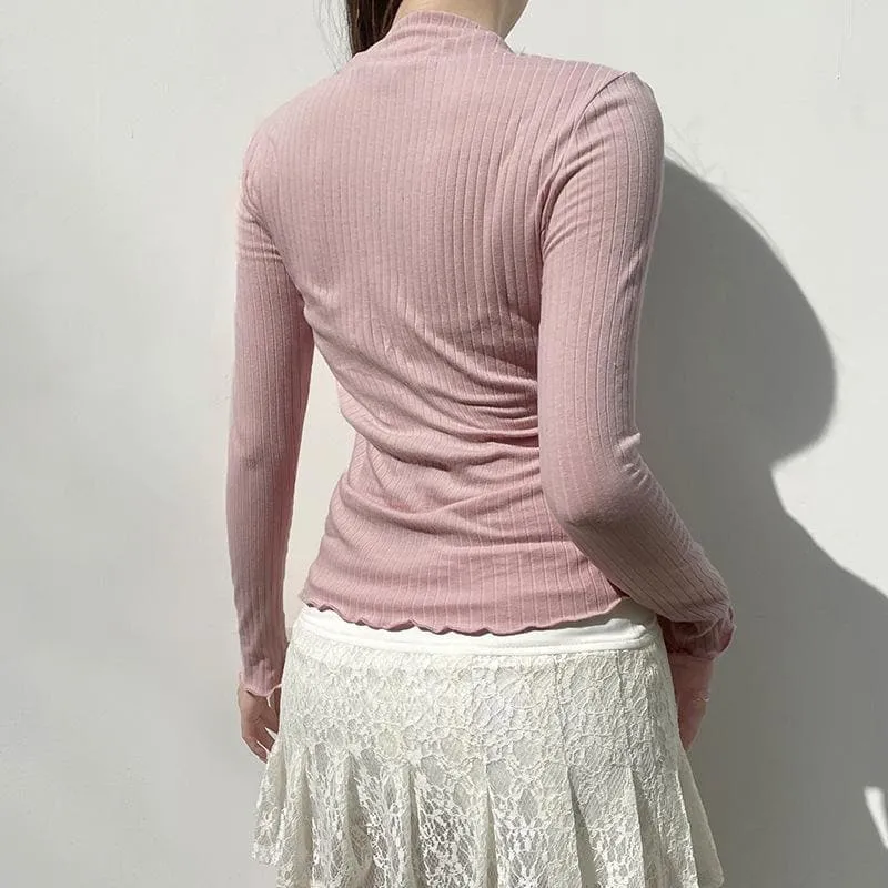 Lace hem contrast long sleeve bowknot ruffle top
