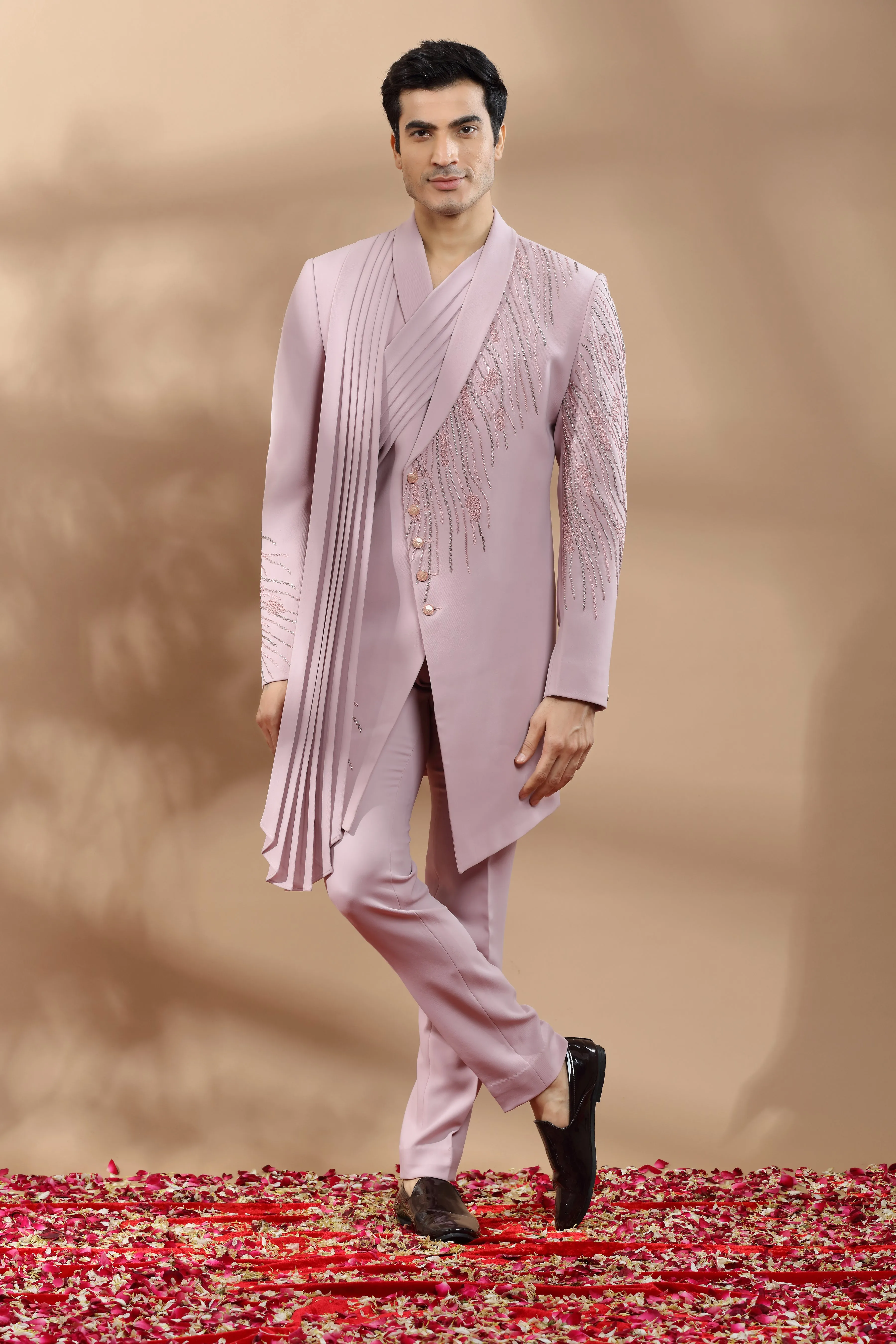 Lilac Indowestern Set With Placement Embroidery In Sequins, Beads And Cut Dana Work.