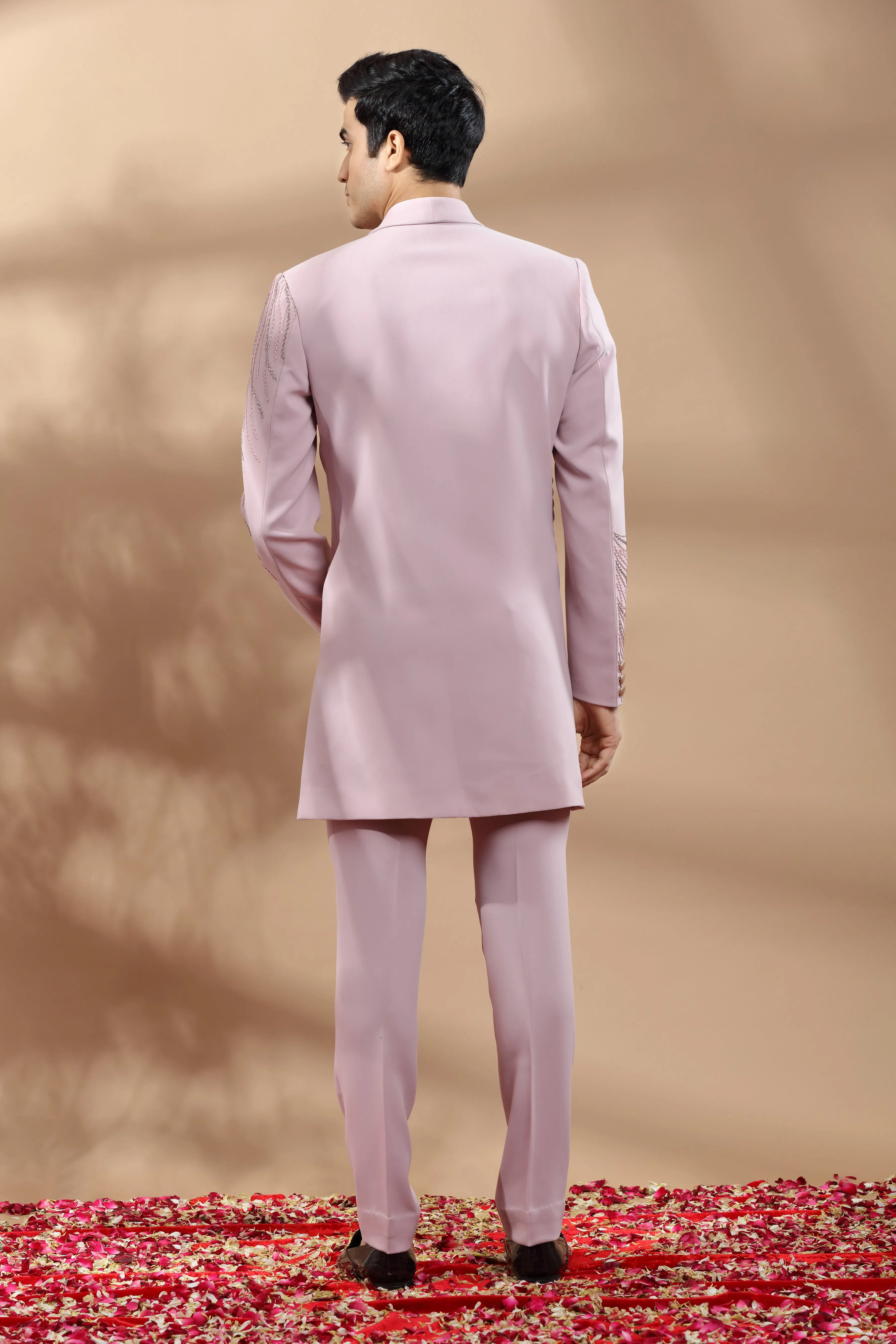 Lilac Indowestern Set With Placement Embroidery In Sequins, Beads And Cut Dana Work.