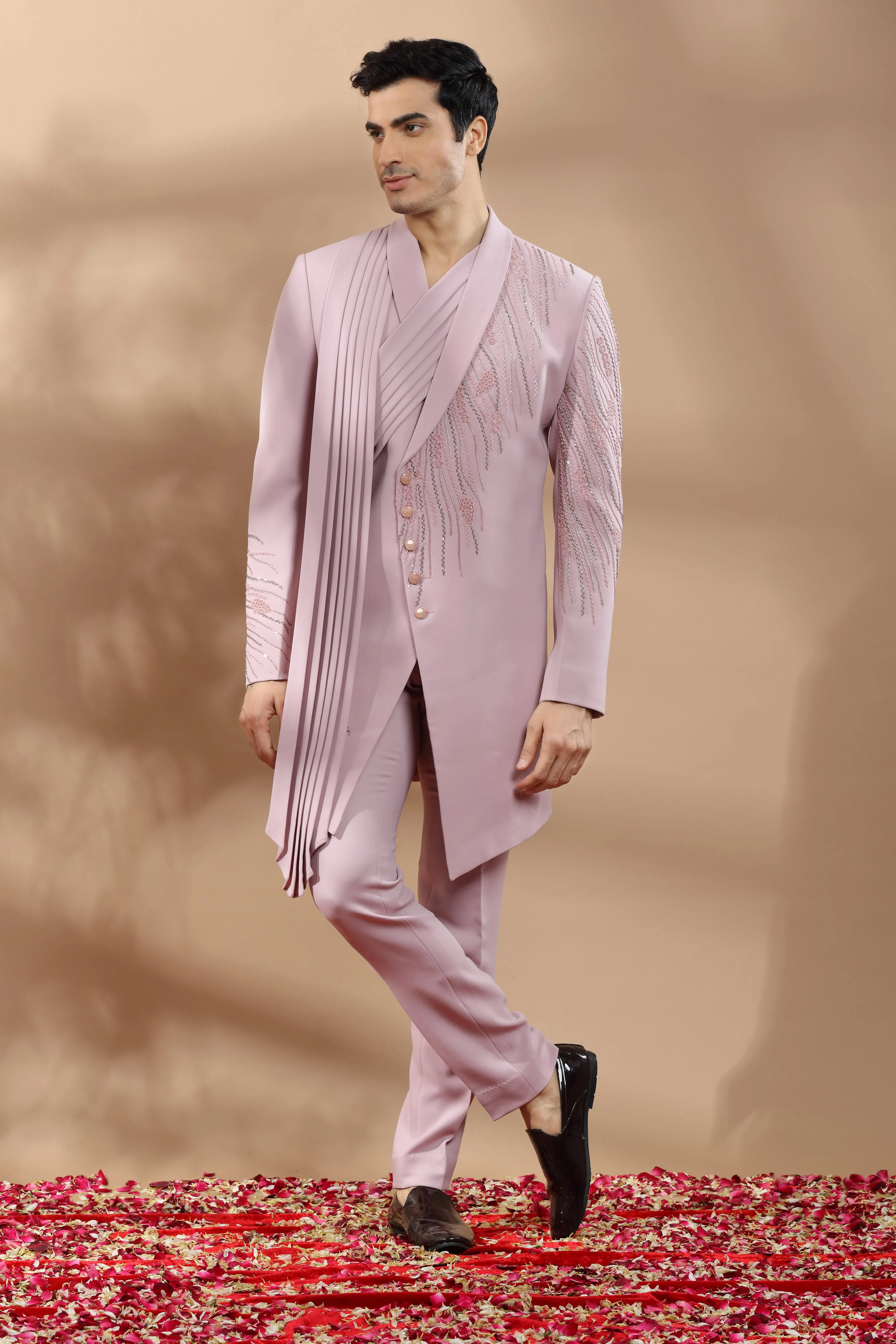 Lilac Indowestern Set With Placement Embroidery In Sequins, Beads And Cut Dana Work.