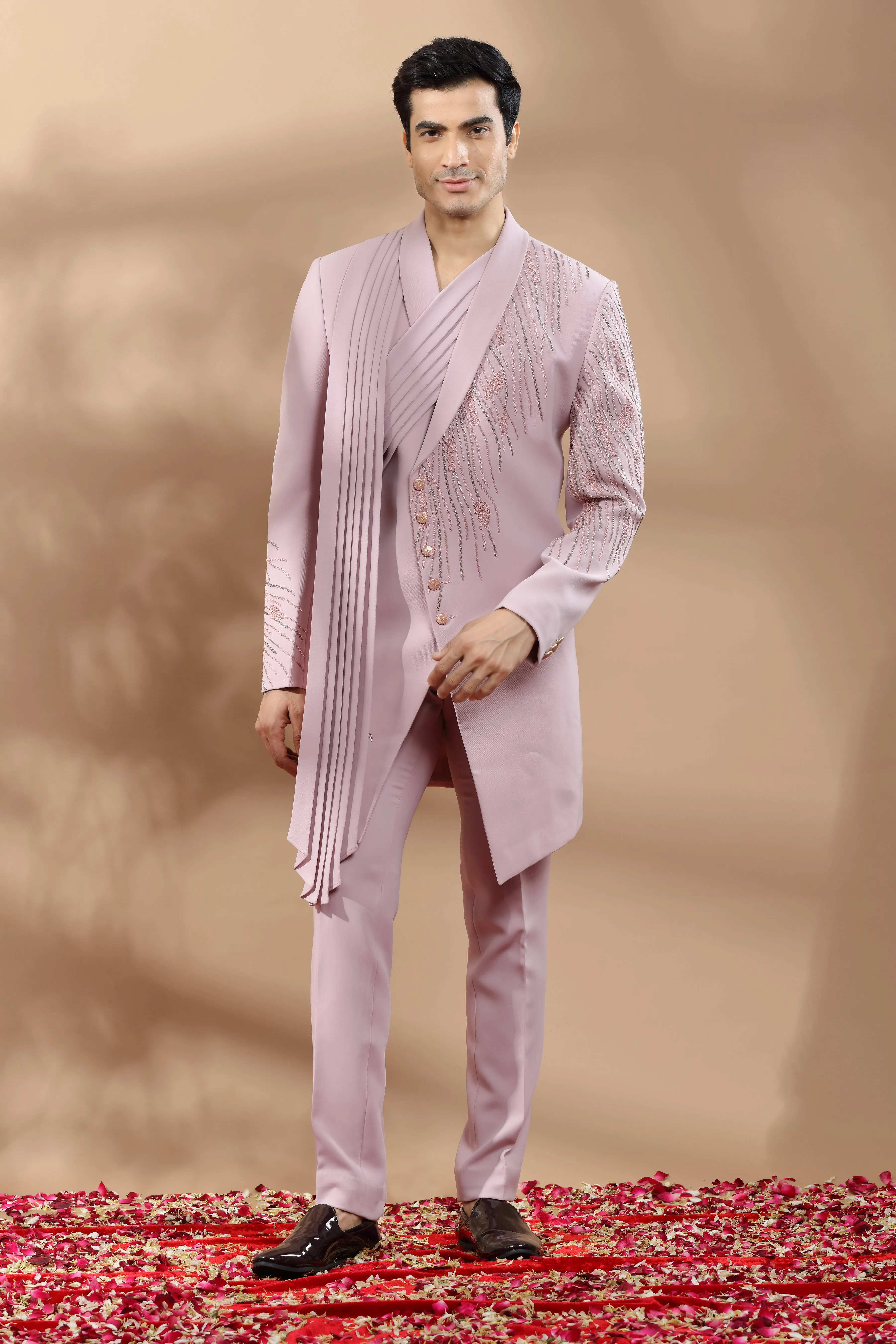Lilac Indowestern Set With Placement Embroidery In Sequins, Beads And Cut Dana Work.
