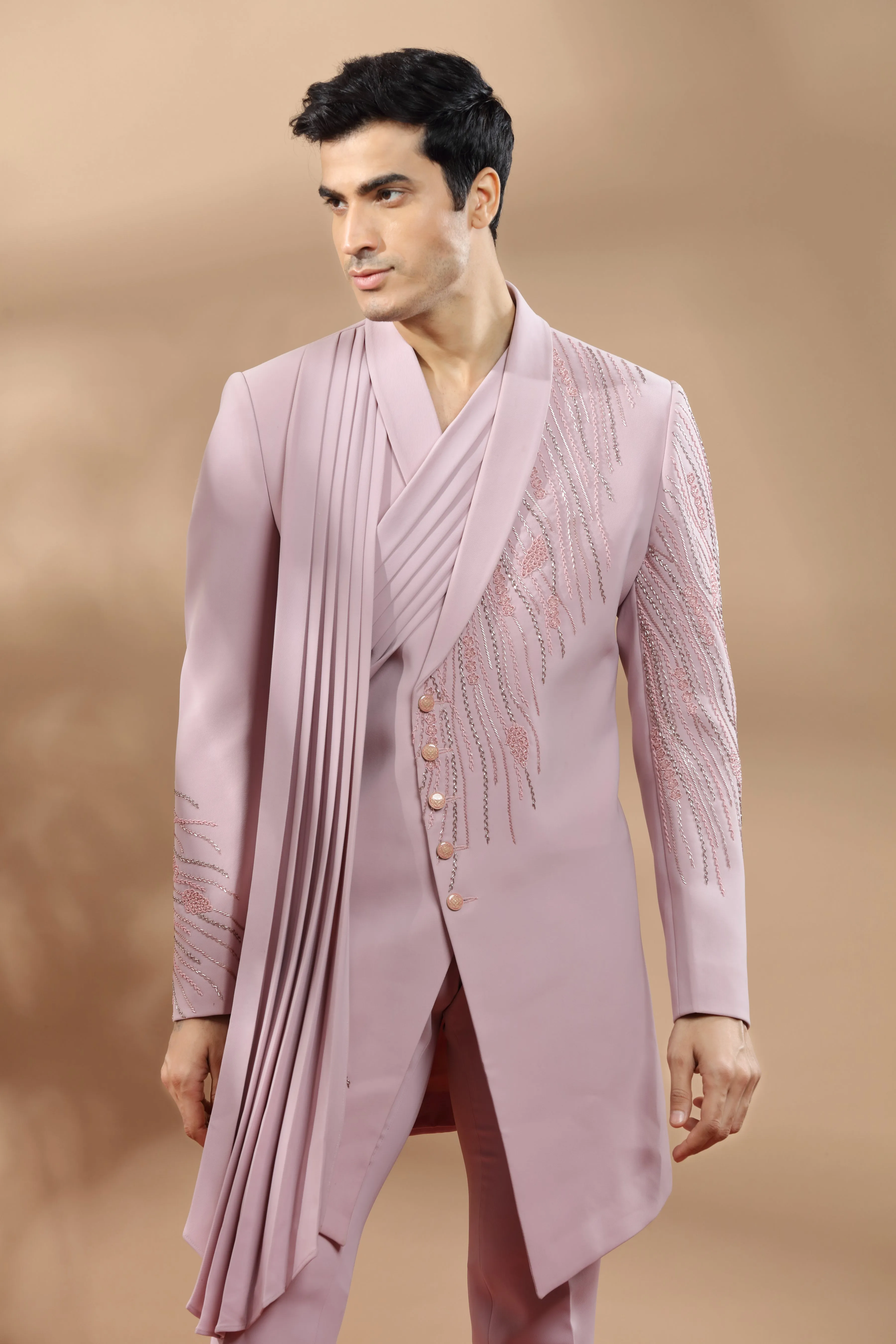 Lilac Indowestern Set With Placement Embroidery In Sequins, Beads And Cut Dana Work.