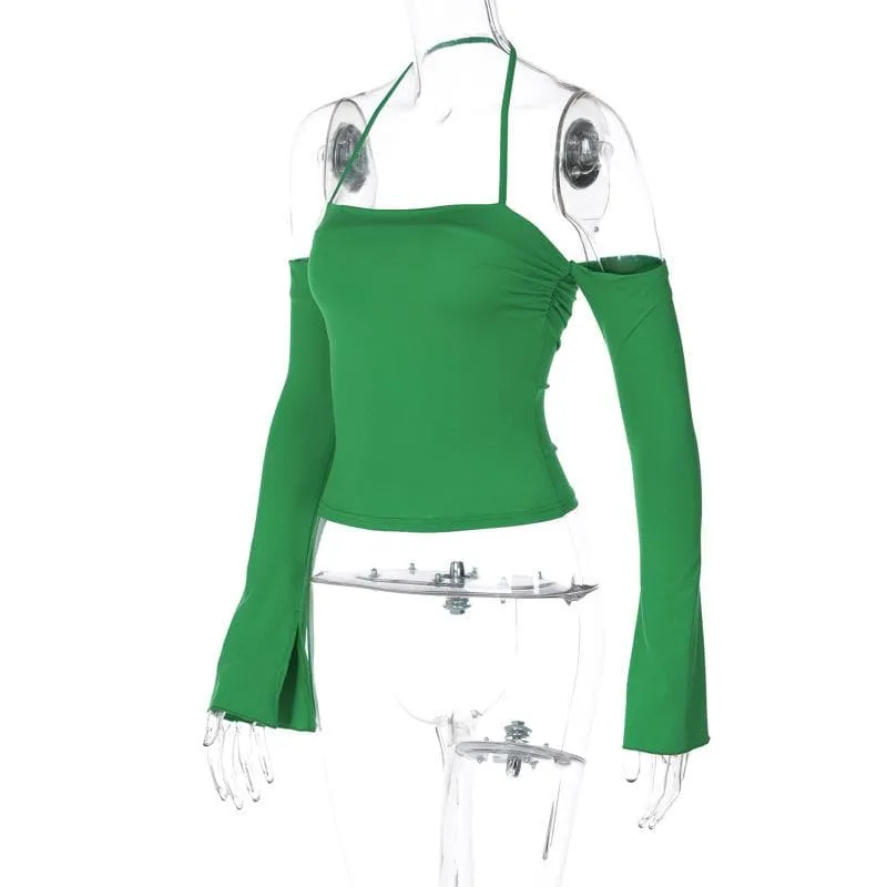 Long sleeve halter ruched off shoulder solid backless top